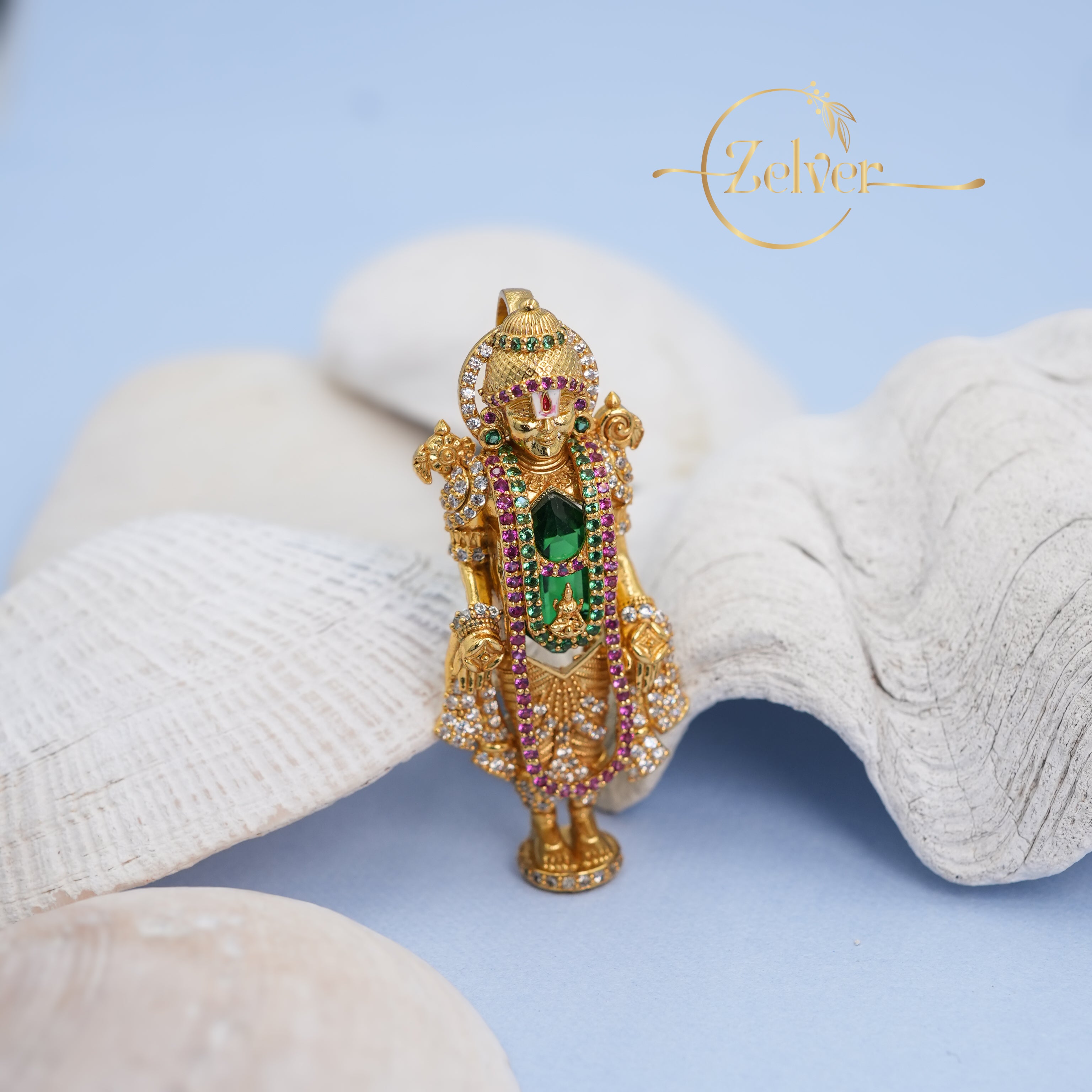 The Venkateswara Royal: Lord Balaji Pendant with Emerald & Swarovski | Gold Plated Silver