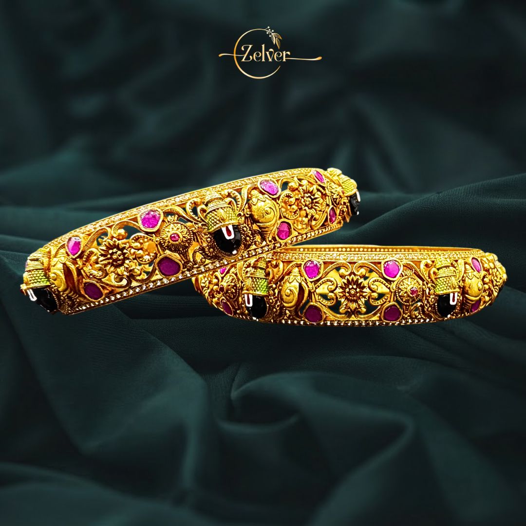 925 Sterling Silver Gold Plated Venkatesh Balaji Temple Kada with Red Pota & AD Stones
