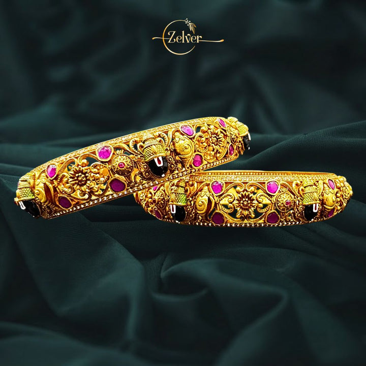 925 Sterling Silver Gold Plated Venkatesh Balaji Temple Kada with Red Pota & AD Stones