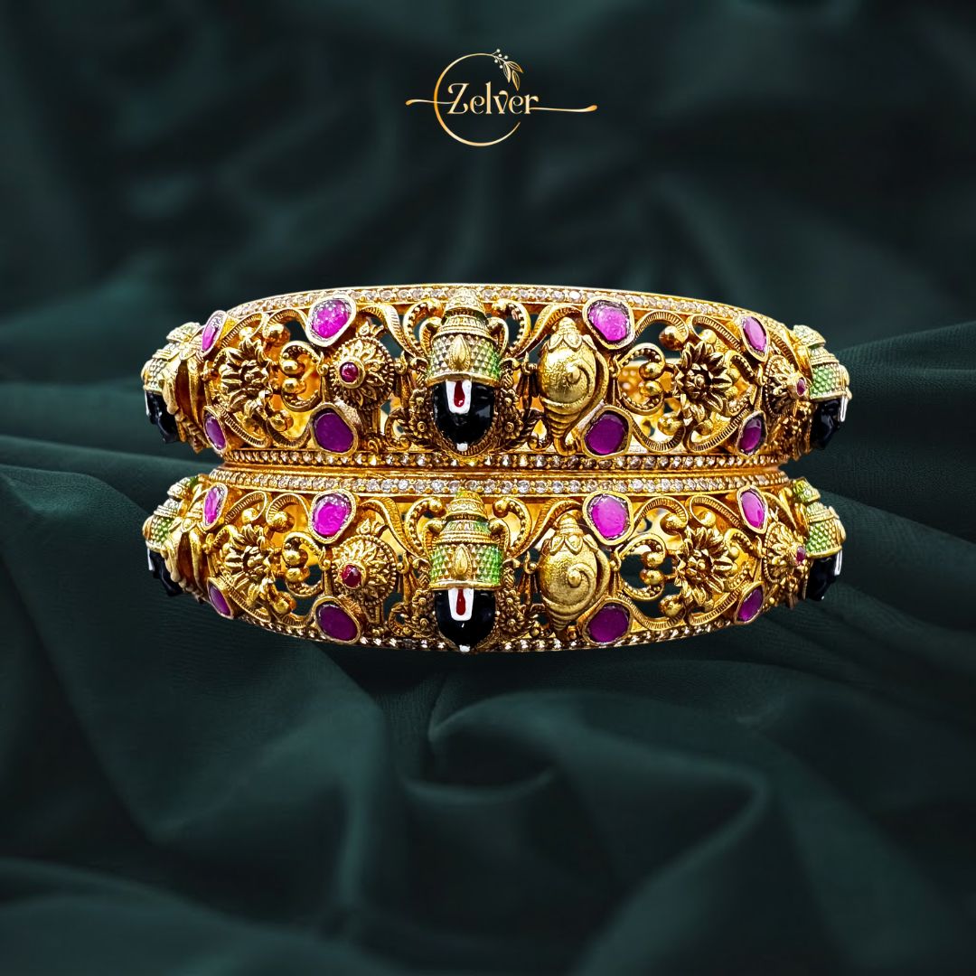 925 Sterling Silver Gold Plated Venkatesh Balaji Temple Kada with Red Pota & AD Stones