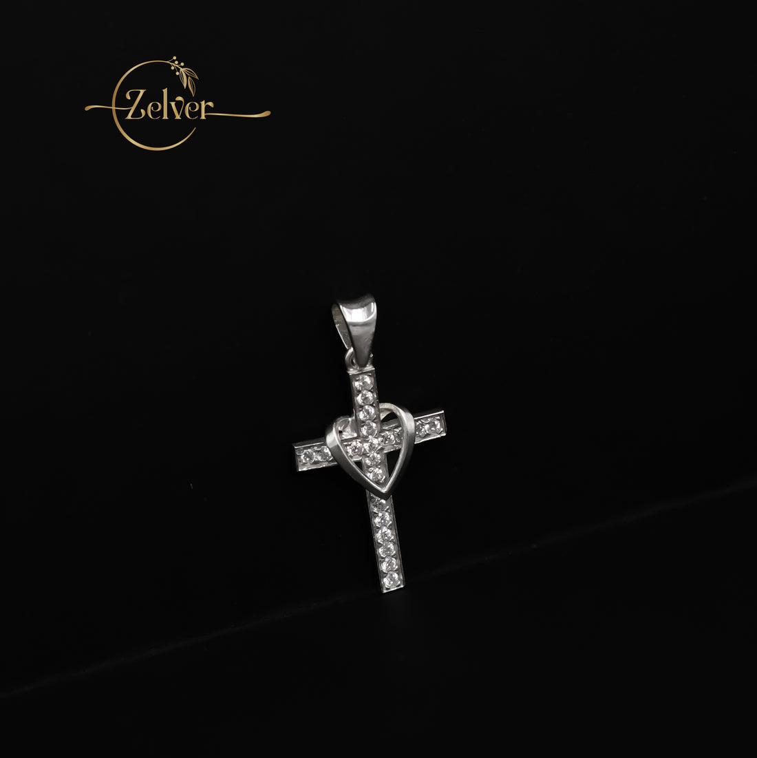 Sparkling Crystal Cross Pendant with Heart Detail - 925 Sterling Silver