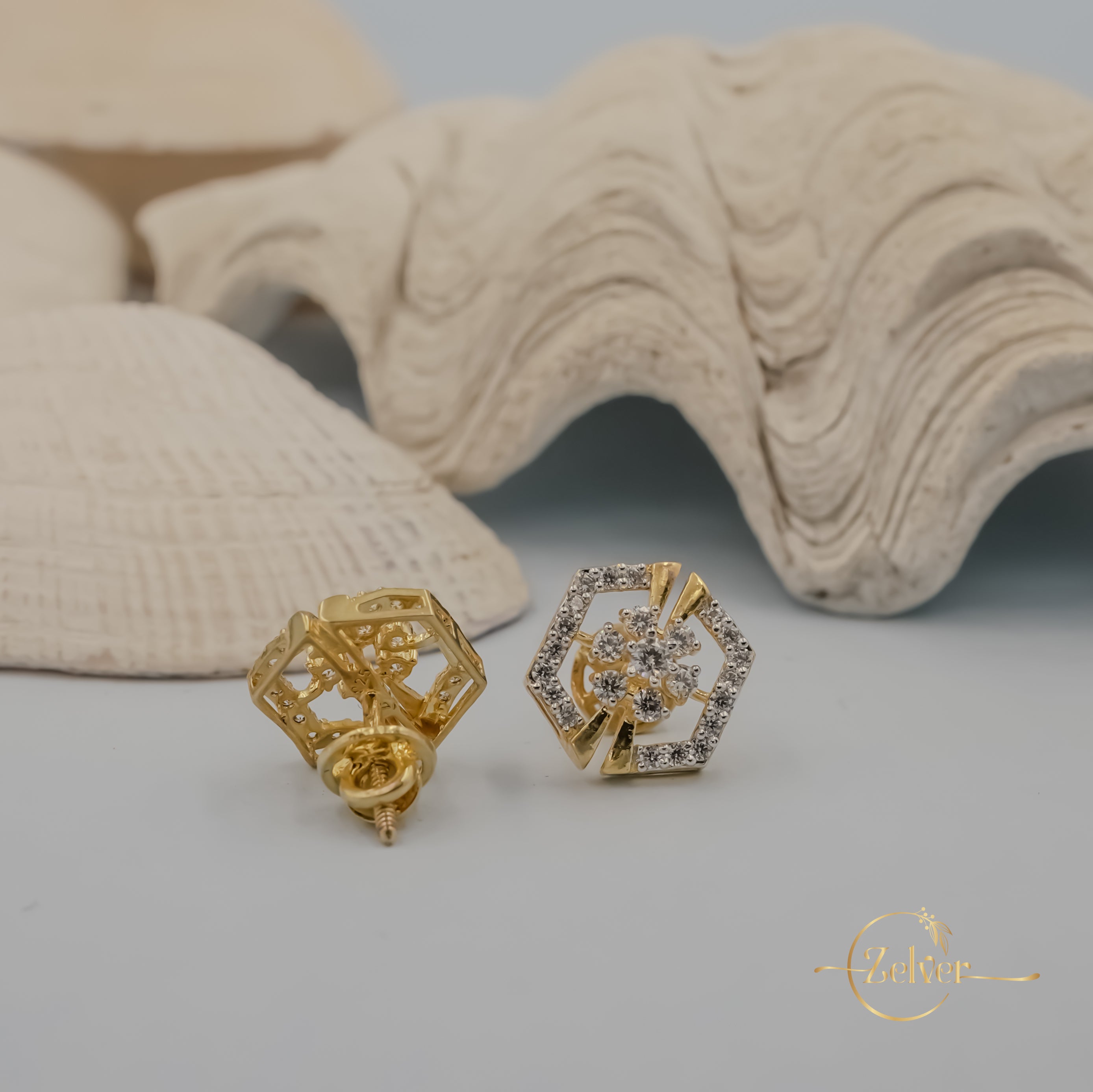 Floral Motif Hexagon Earrings