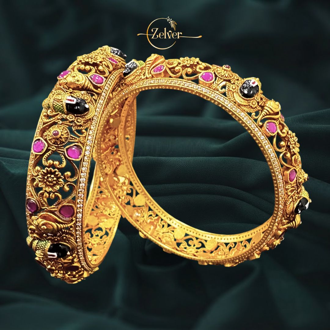 925 Sterling Silver Gold Plated Venkatesh Balaji Temple Kada with Red Pota & AD Stones