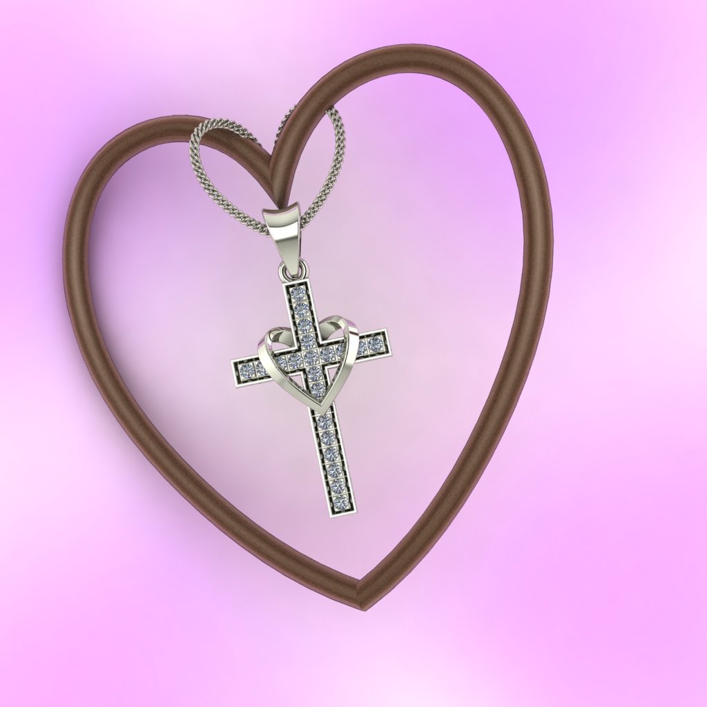 Sparkling Crystal Cross Pendant with Heart Detail - 925 Sterling Silver