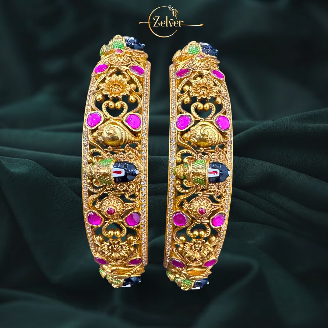 925 Sterling Silver Gold Plated Venkatesh Balaji Temple Kada with Red Pota & AD Stones