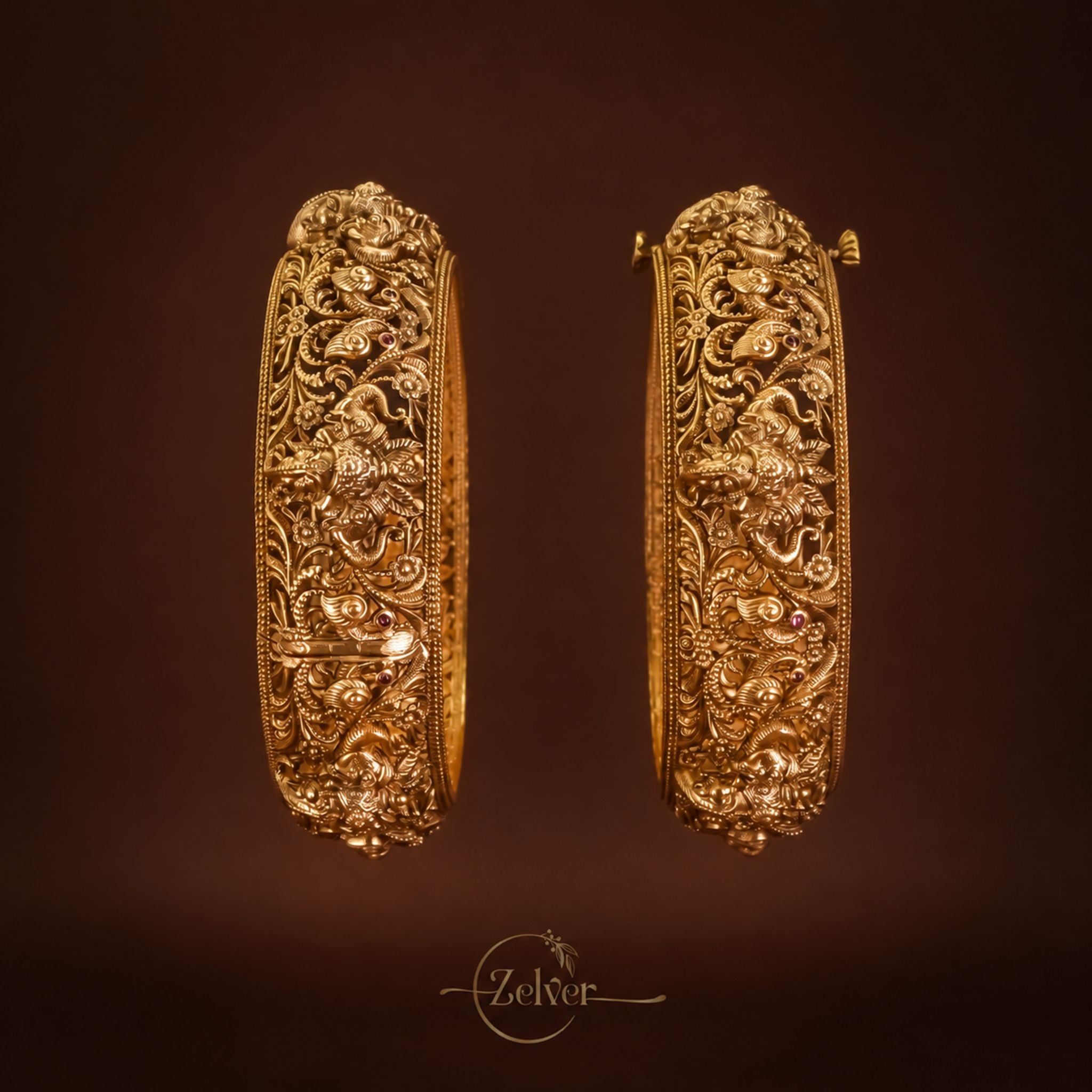 Plain Antique Gold-Plated Silver Nakshi Screw Kada - Pair