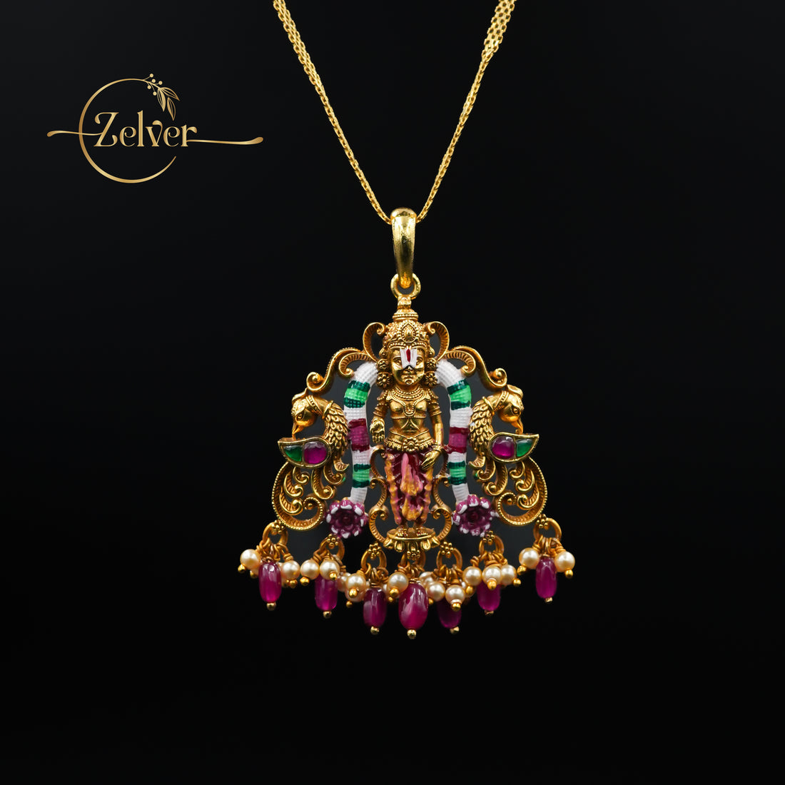 The Tirumala Mayur: Lord Tirupati Balaji Pendant with Peacocks | Gold Plated Silver