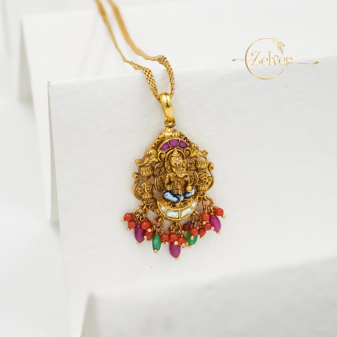 The Vinayaka Chandrakor: Lord Ganesha Pendant with Swarovski Crescent | Gold Plated Silver