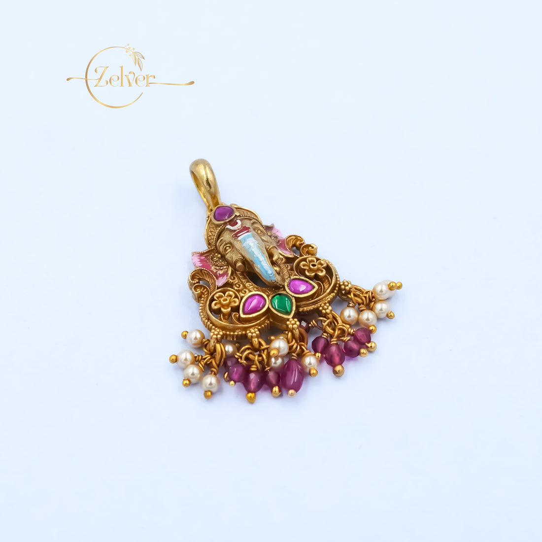The Rang-Vinayak: Enamel Ganesha Pendant with Pearls | Gold Plated Silver