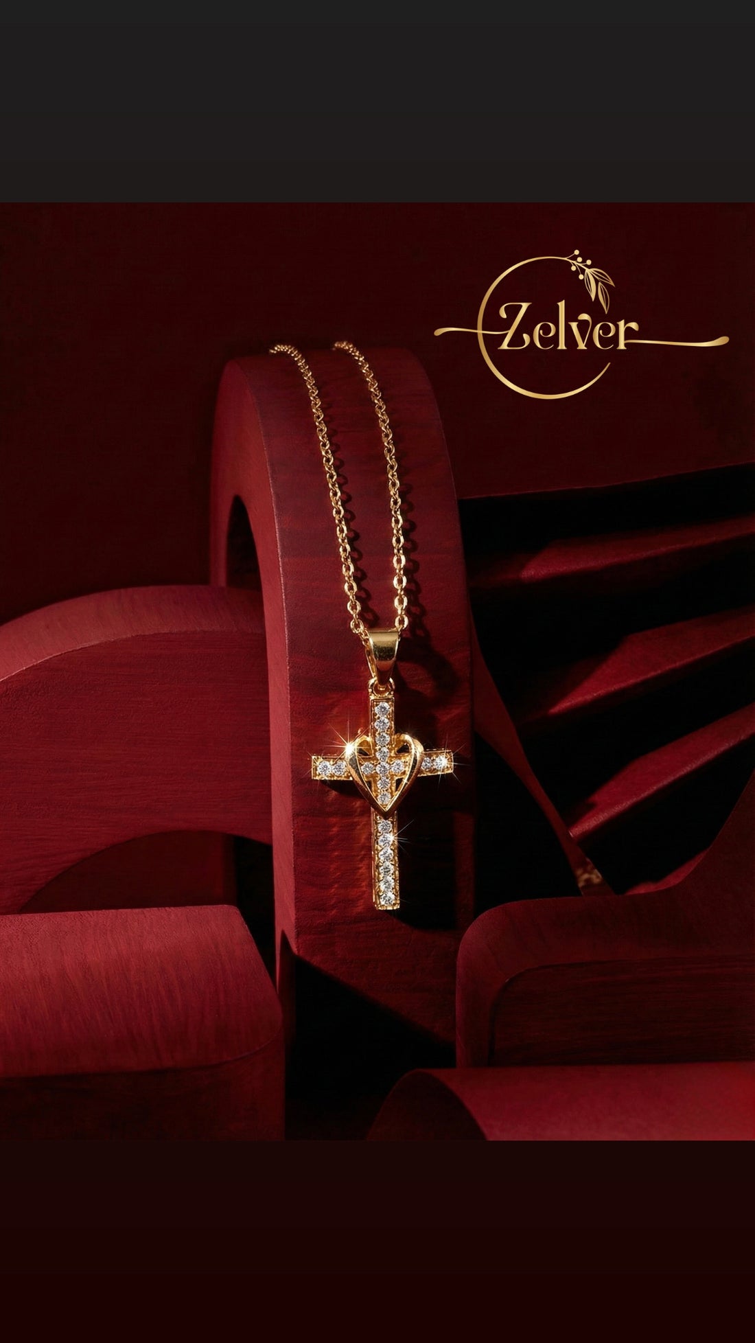 Sparkling Crystal Cross Pendant with Heart Detail - 925 Sterling Silver