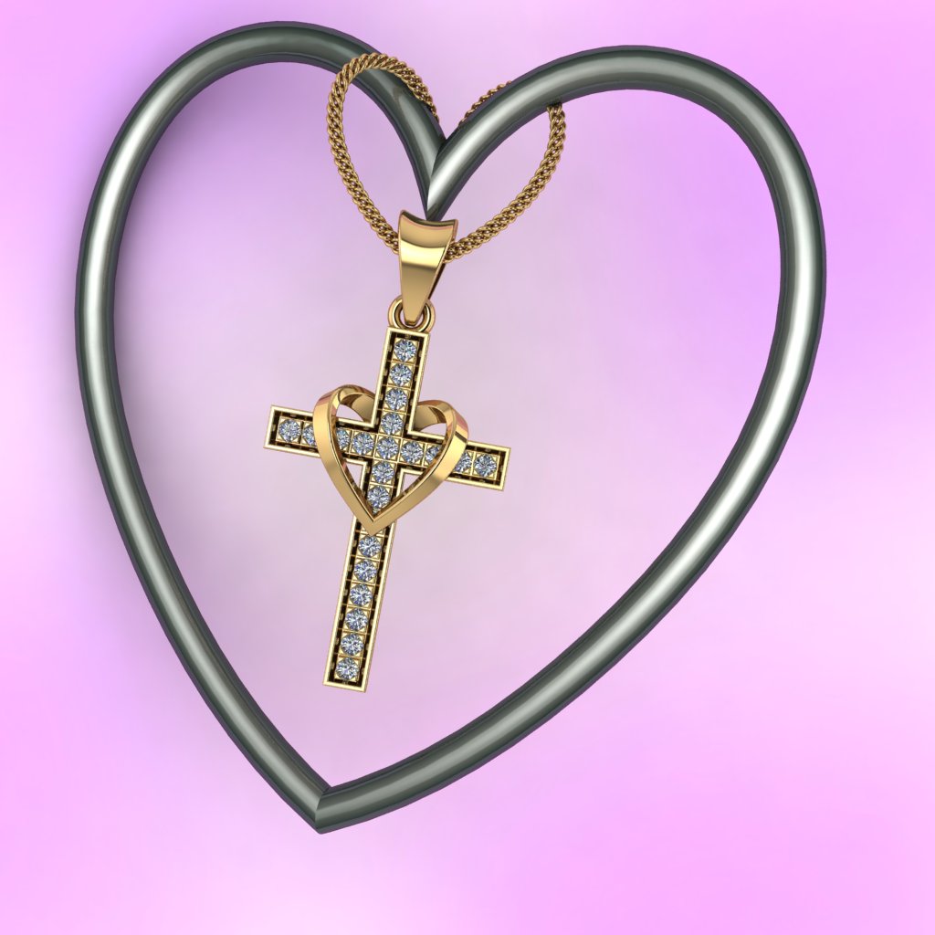 Sparkling Crystal Cross Pendant with Heart Detail - 925 Sterling Silver