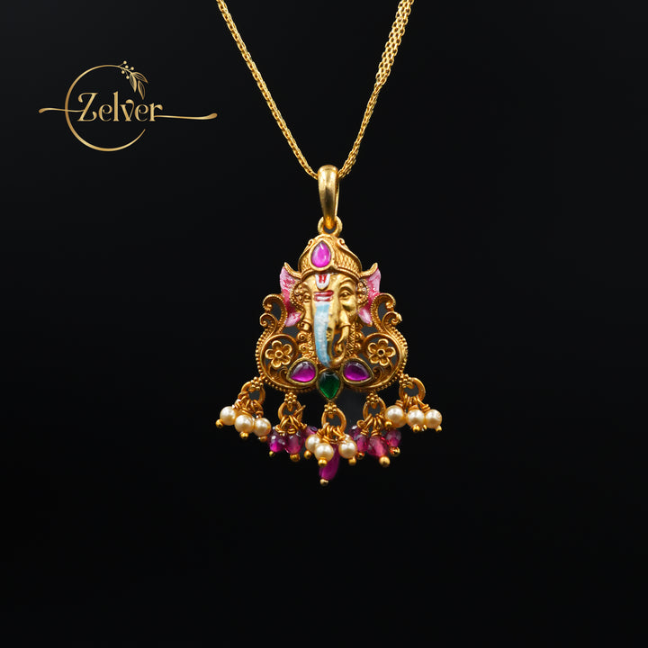 The Rang-Vinayak: Enamel Ganesha Pendant with Pearls | Gold Plated Silver