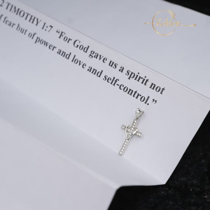 Sparkling Crystal Cross Pendant with Heart Detail - 925 Sterling Silver