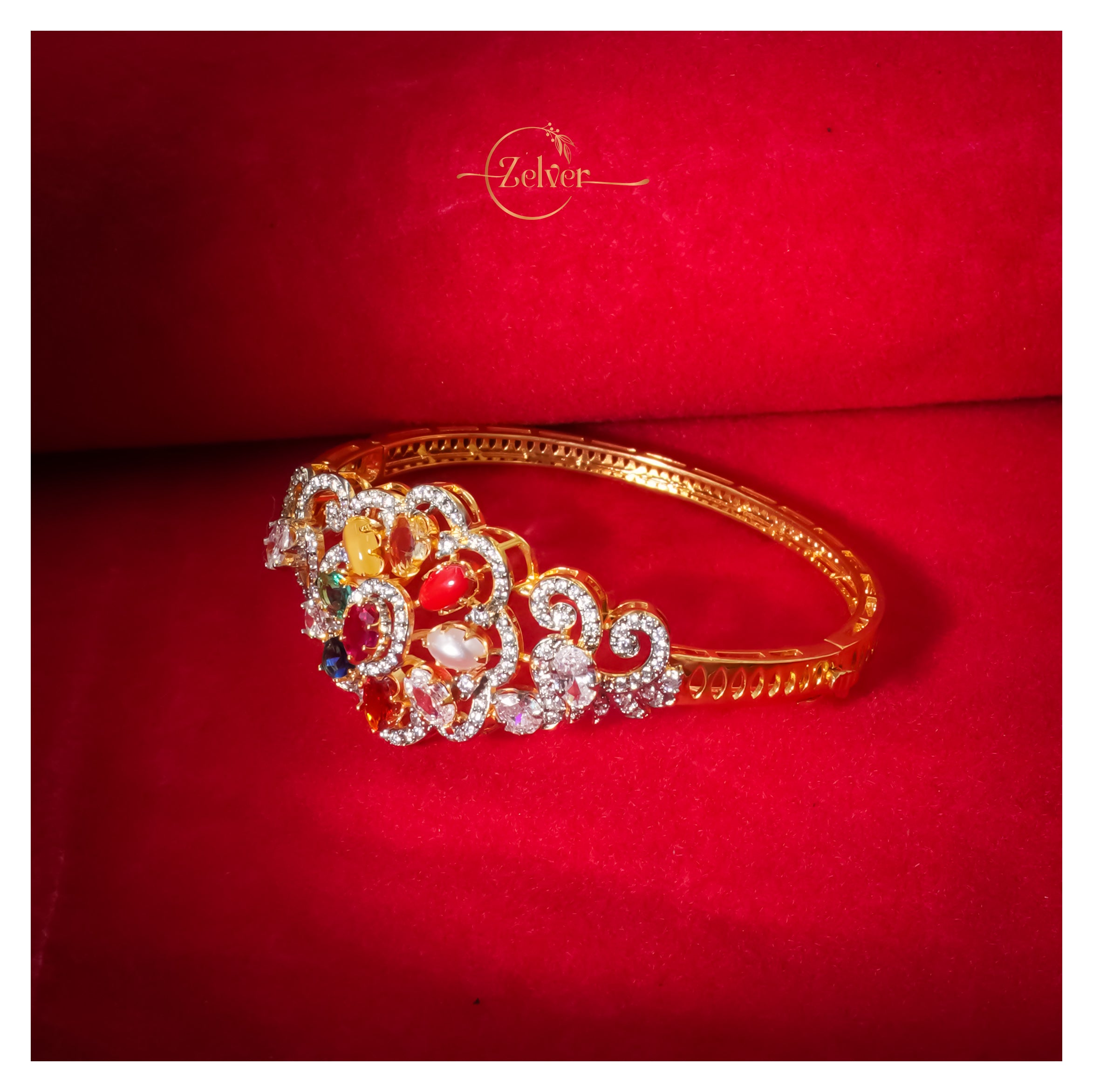 Multicolor Temple Design Pearl Bangle in 925 Sterling Silver with Gold Finish