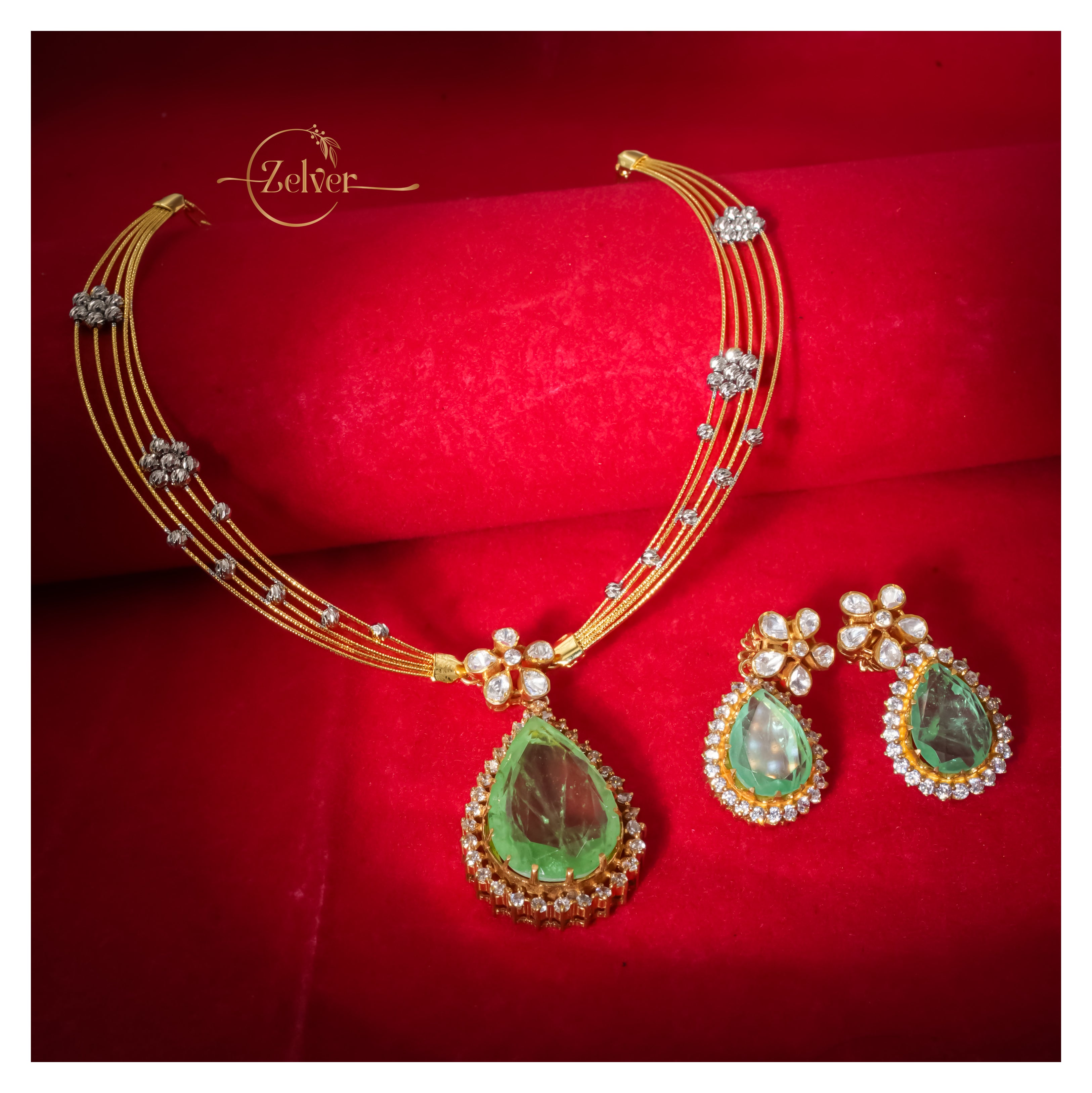 Emerald Green Stone Studded Hasli Necklace Set in 925 Sterling Silver