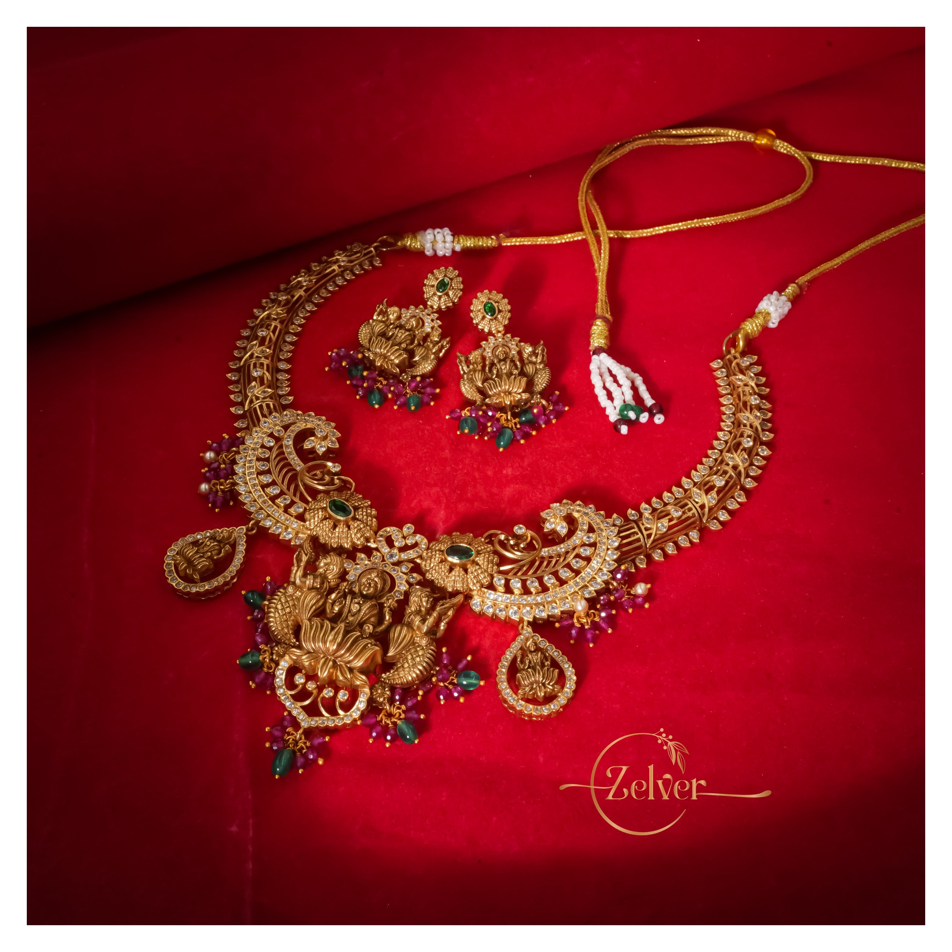Divine Motif Temple Necklace Set in 925 Sterling Silver with Antique Gold Finish