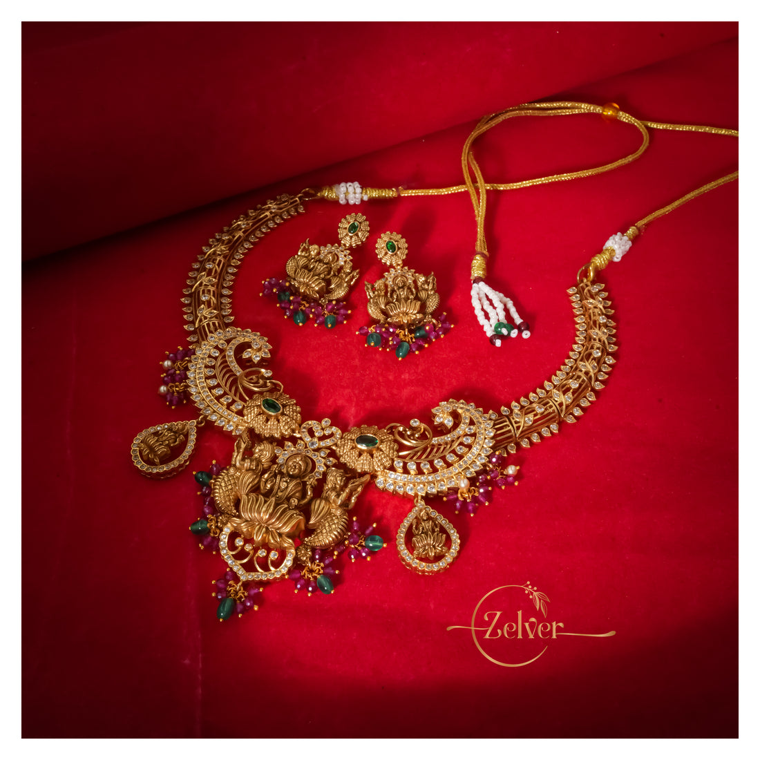 Divine Motif Temple Necklace Set in 925 Sterling Silver with Antique Gold Finish