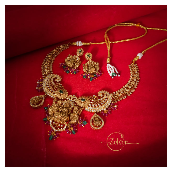 Divine Motif Temple Necklace Set in 925 Sterling Silver with Antique Gold Finish