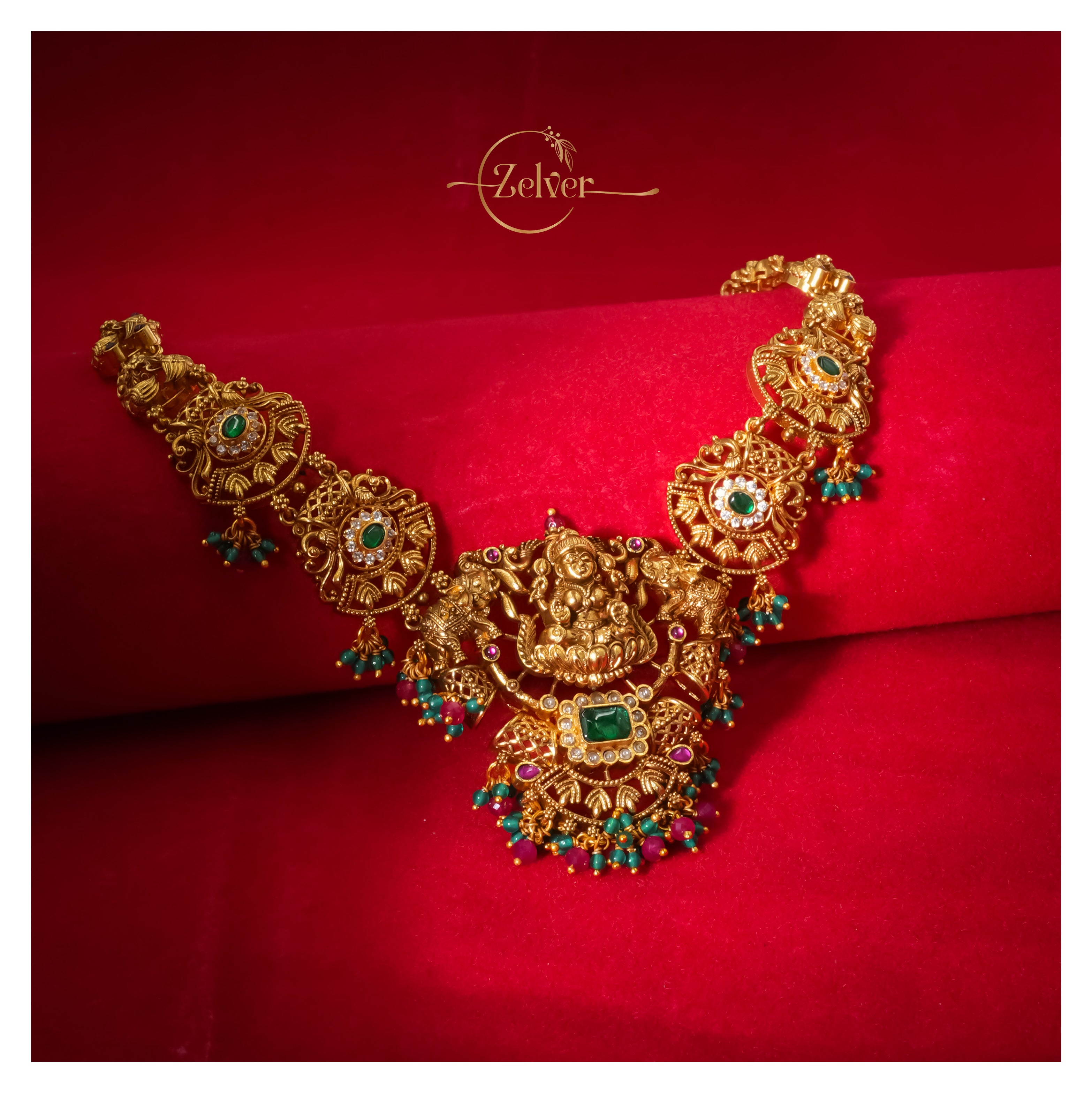 Lakshmi Temple Design Necklace in 925 Sterling Silver with Antique Gold Finish