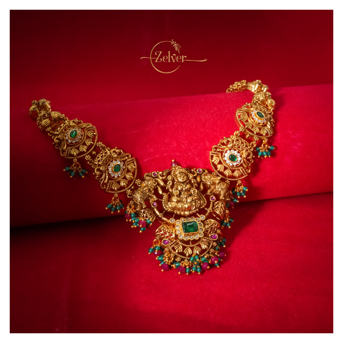 Lakshmi Temple Design Necklace in 925 Sterling Silver with Antique Gold Finish
