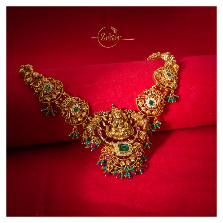 Lakshmi Temple Design Necklace in 925 Sterling Silver with Antique Gold Finish