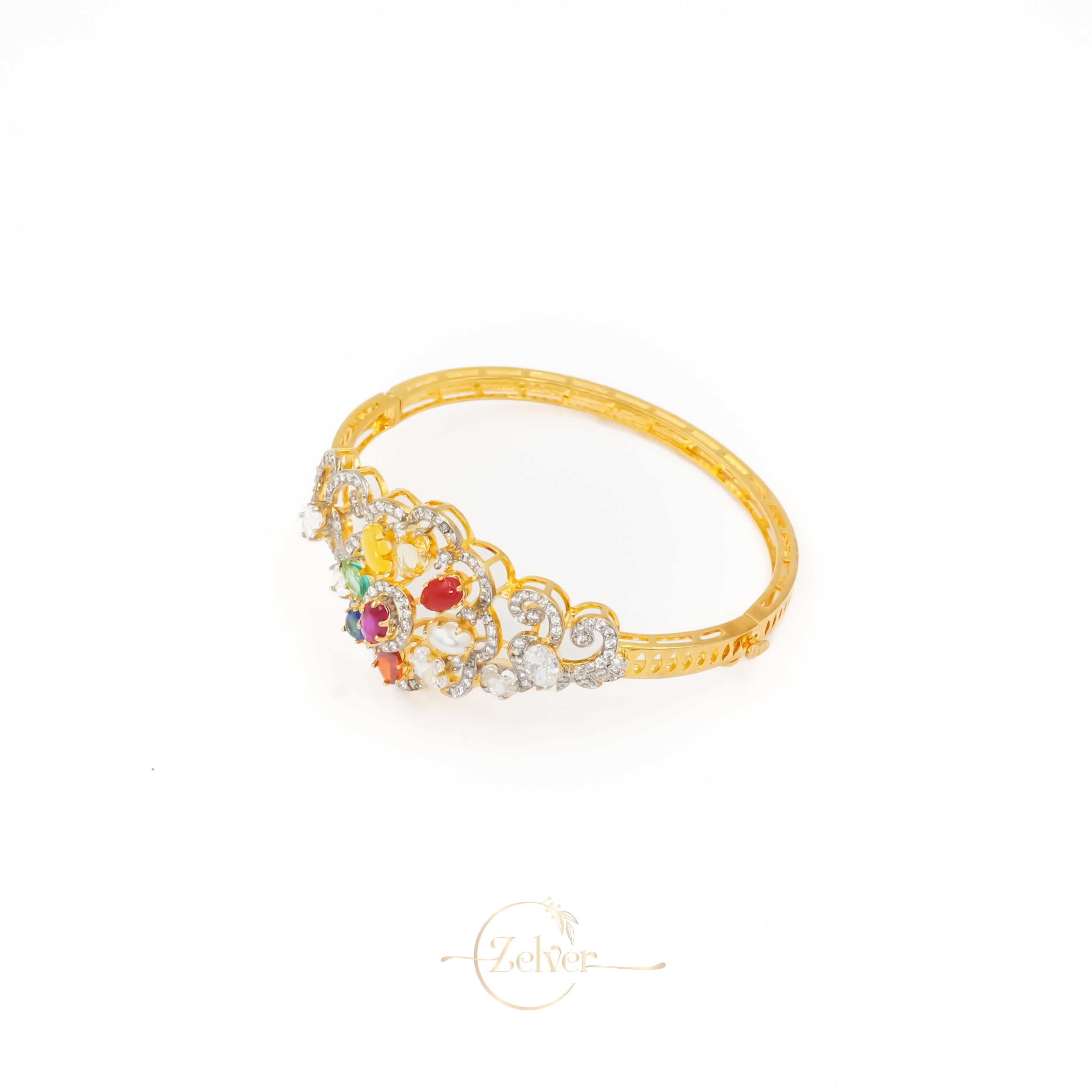 Multicolor Temple Design Pearl Bangle in 925 Sterling Silver with Gold Finish