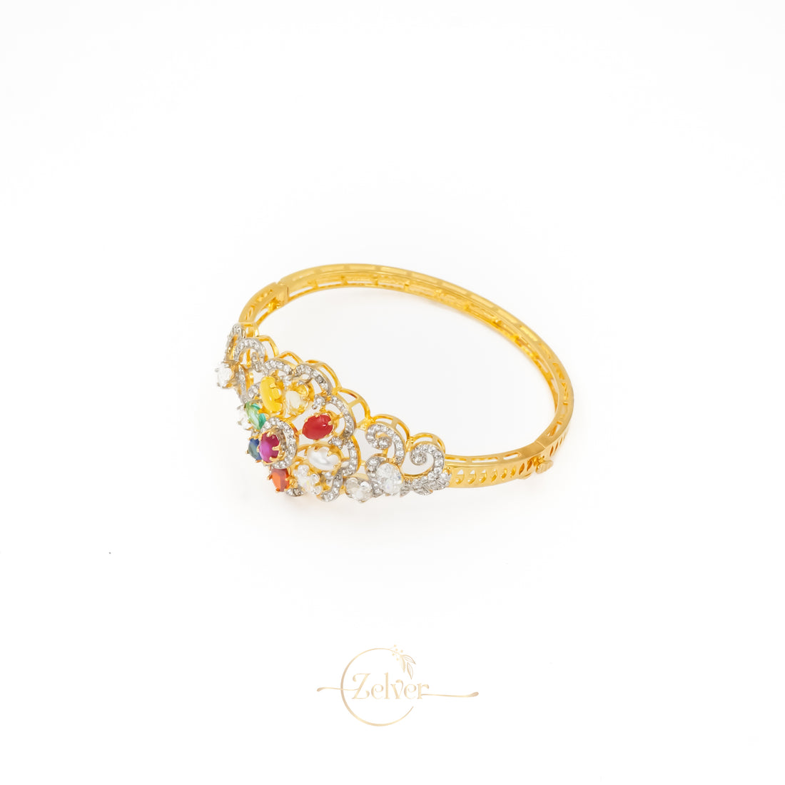 Multicolor Temple Design Pearl Bangle in 925 Sterling Silver with Gold Finish
