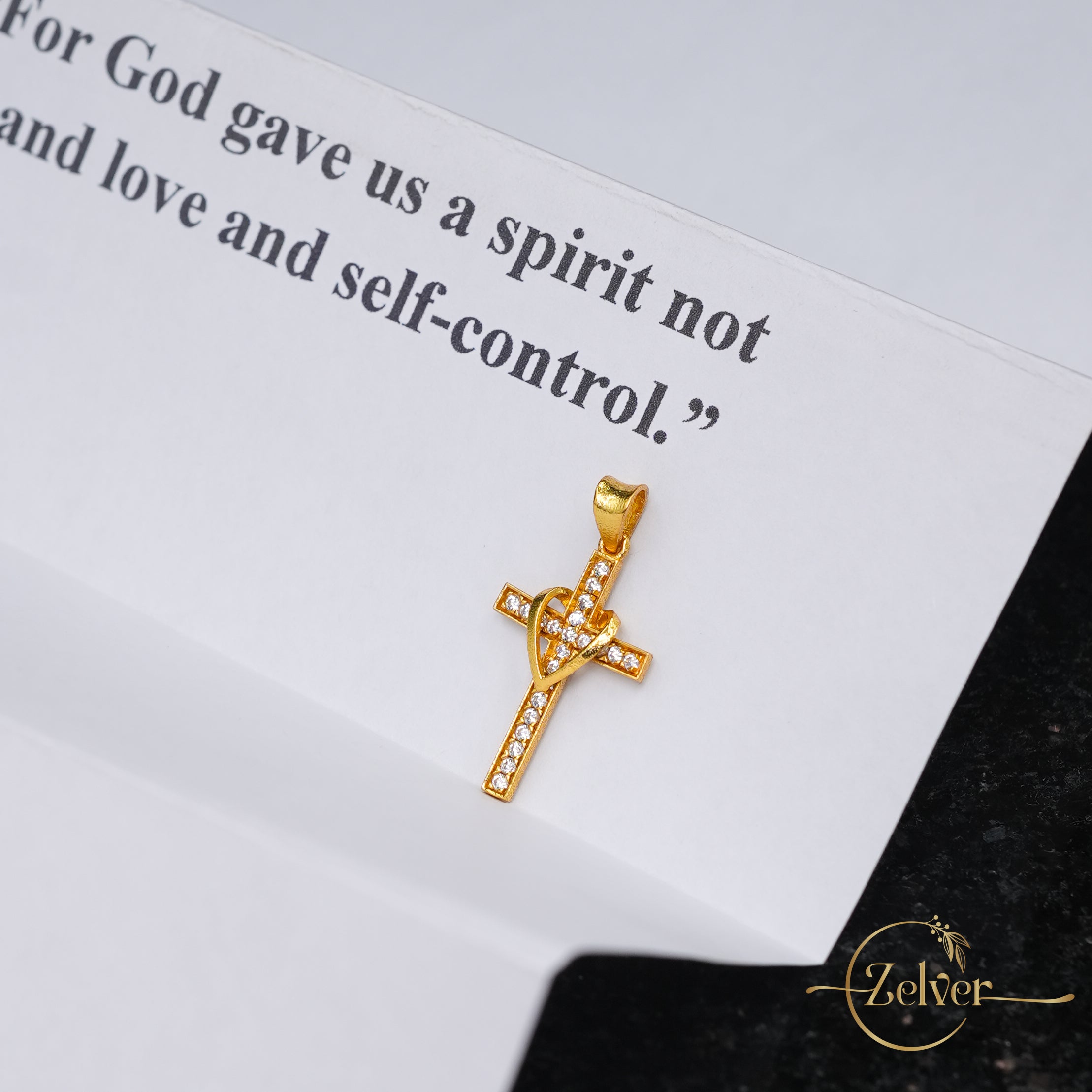 Sparkling Crystal Cross Pendant with Heart Detail - 925 Sterling Silver