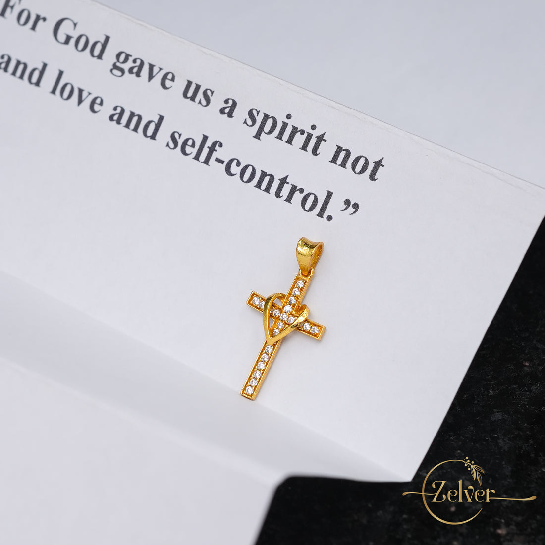 Sparkling Crystal Cross Pendant with Heart Detail - 925 Sterling Silver