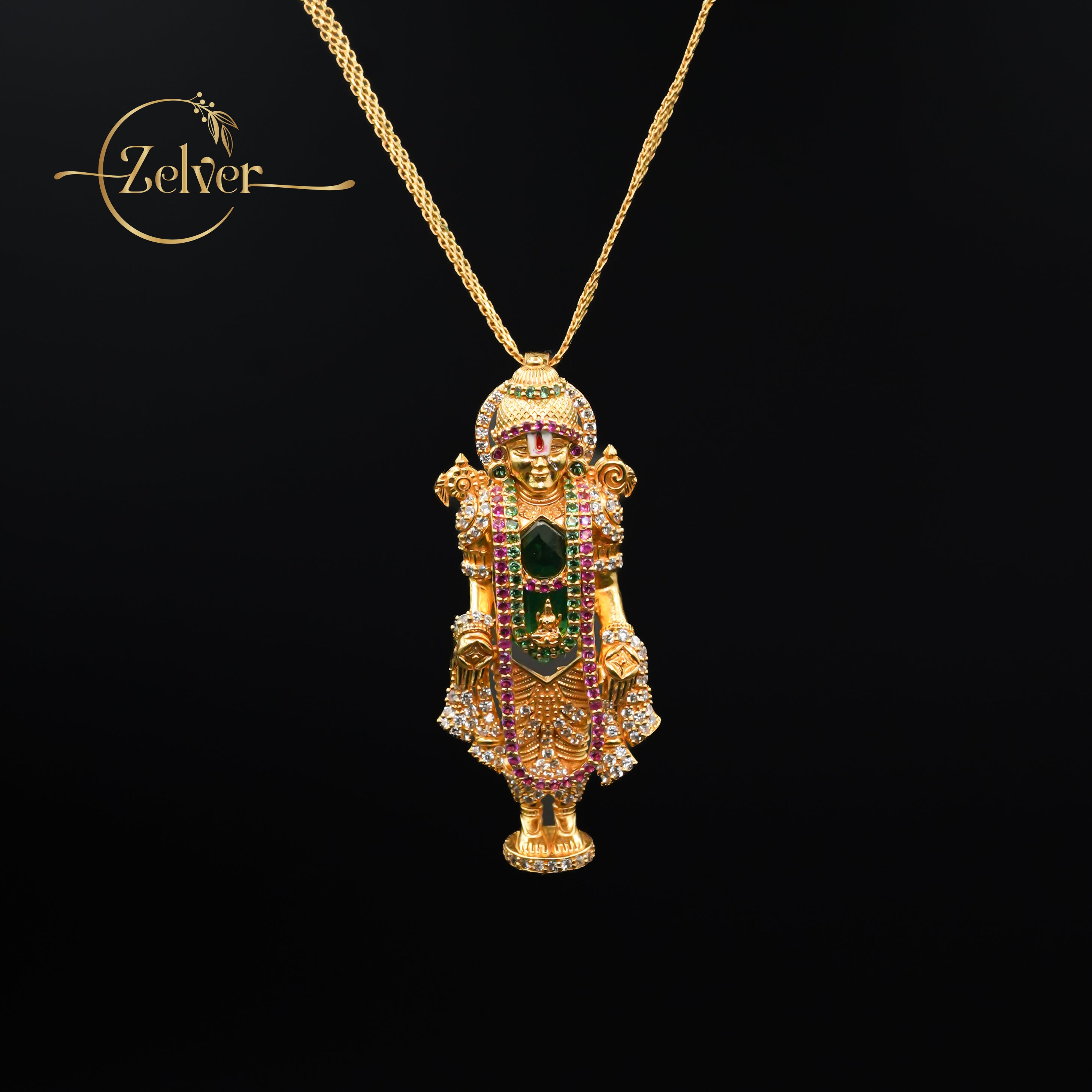 The Venkateswara Royal: Lord Balaji Pendant with Emerald & Swarovski | Gold Plated Silver