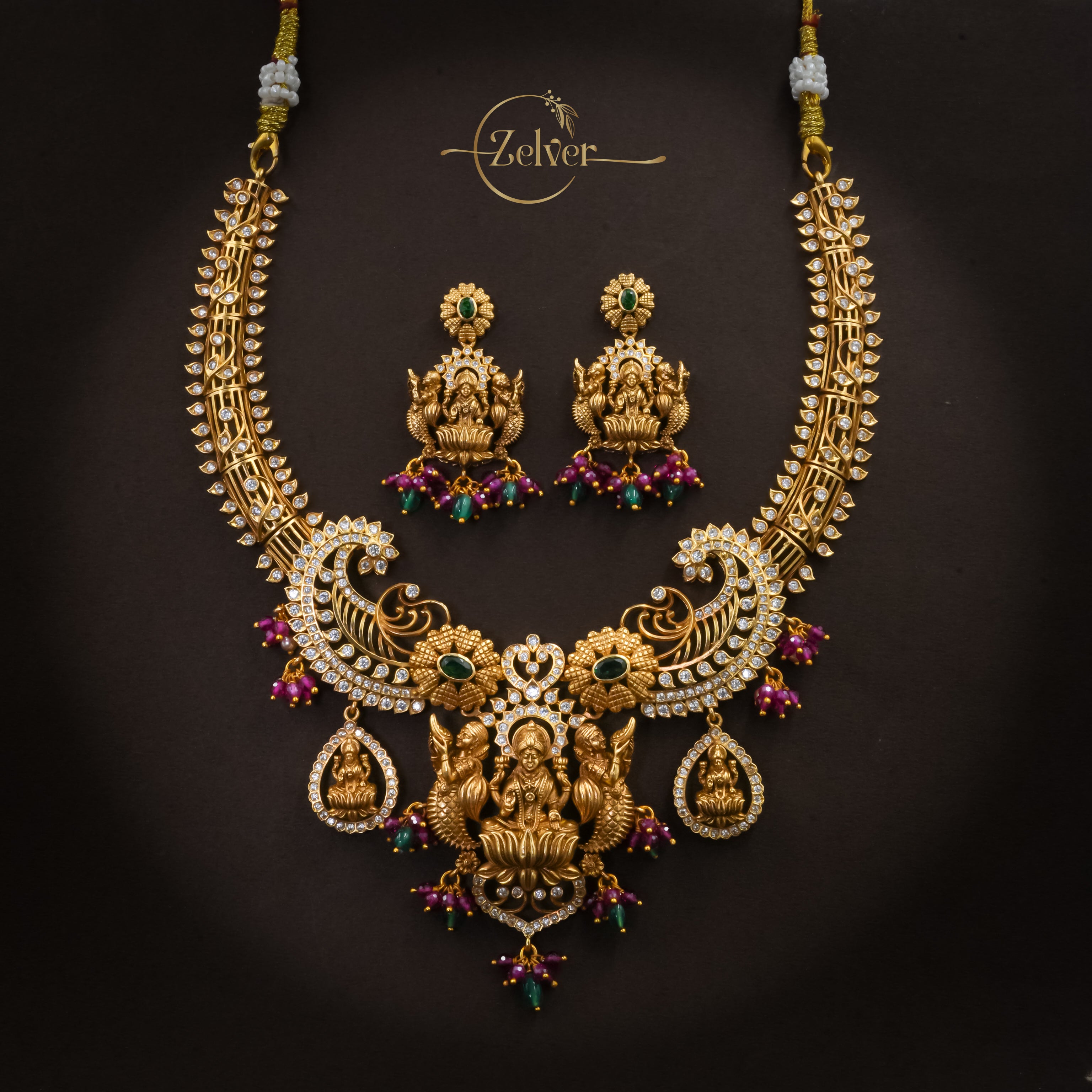 Divine Motif Temple Necklace Set in 925 Sterling Silver with Antique Gold Finish