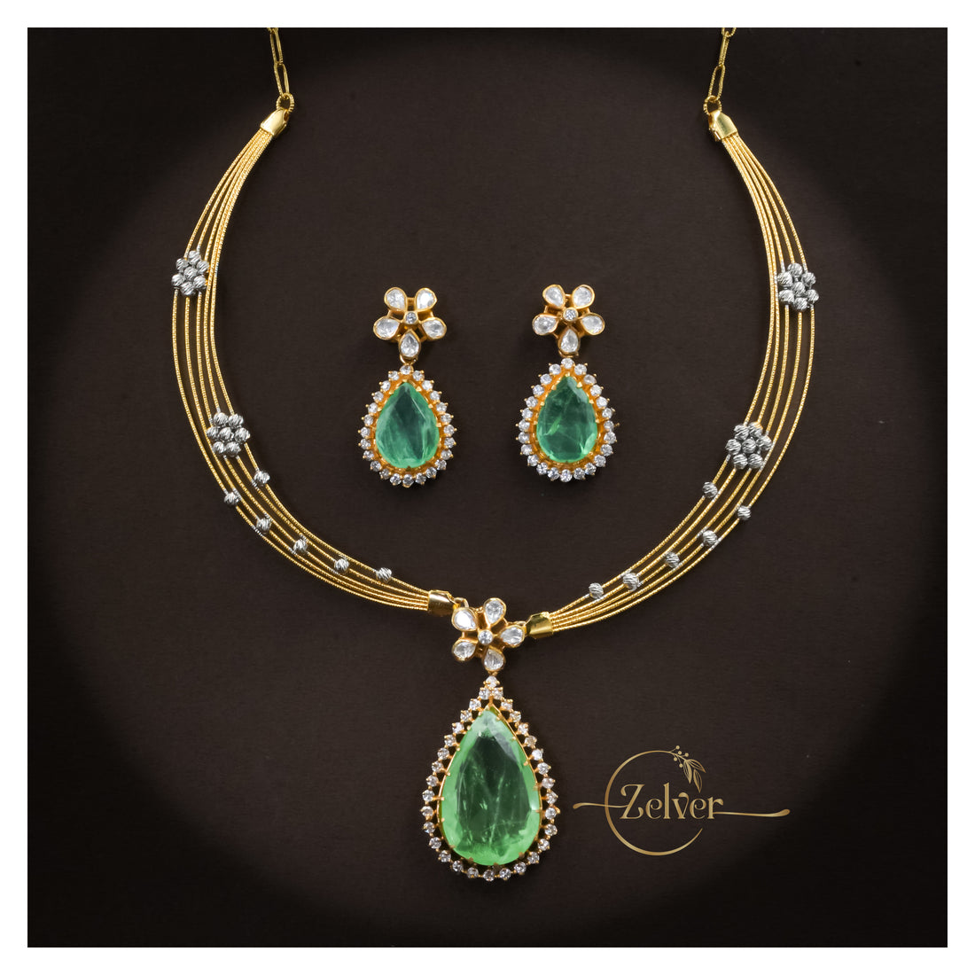 Emerald Green Stone Studded Hasli Necklace Set in 925 Sterling Silver