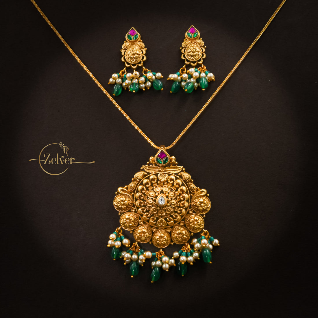 Mandala Temple Design Necklace Set in 925 Sterling Silver with Antique Gold Finish