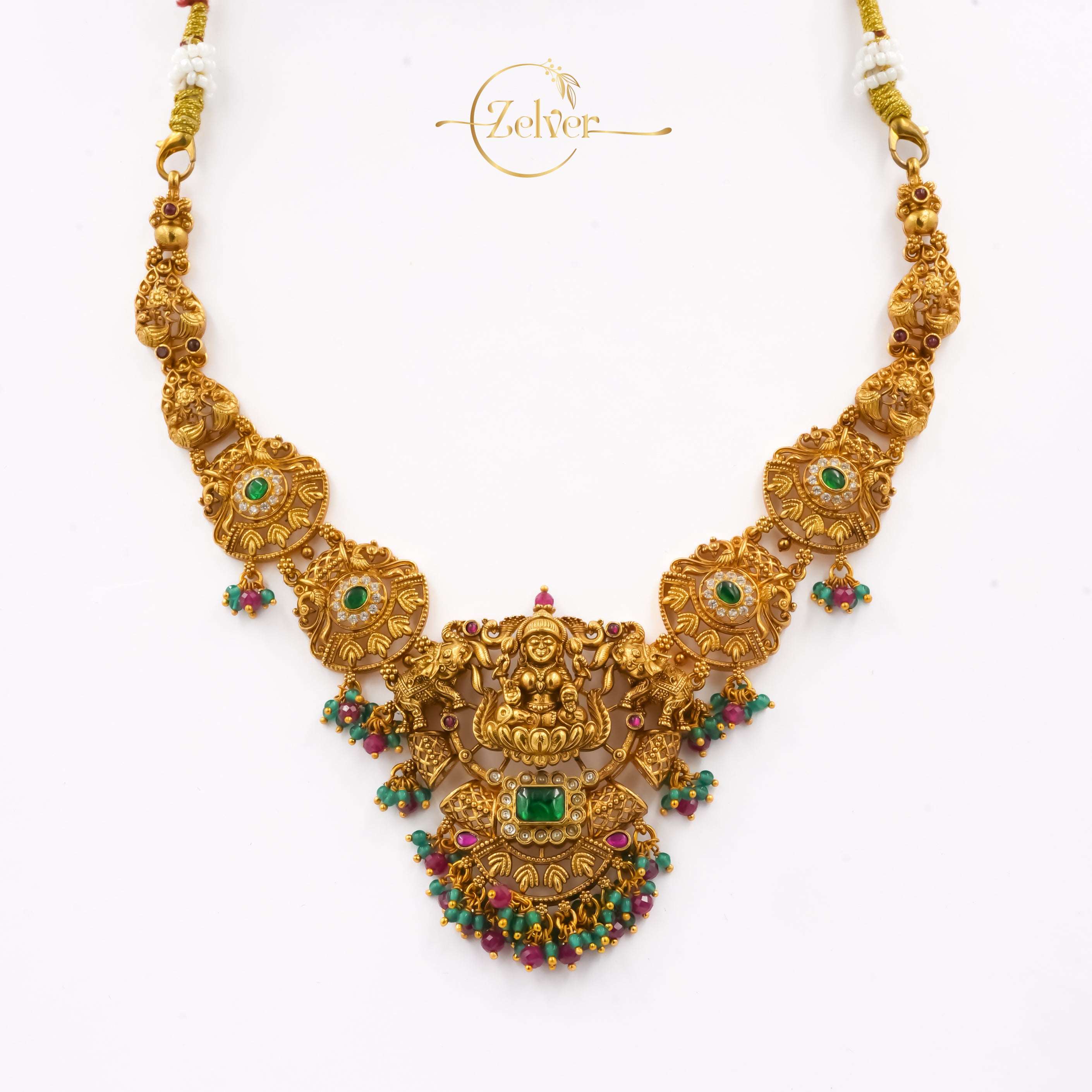 Lakshmi Temple Design Necklace in 925 Sterling Silver with Antique Gold Finish