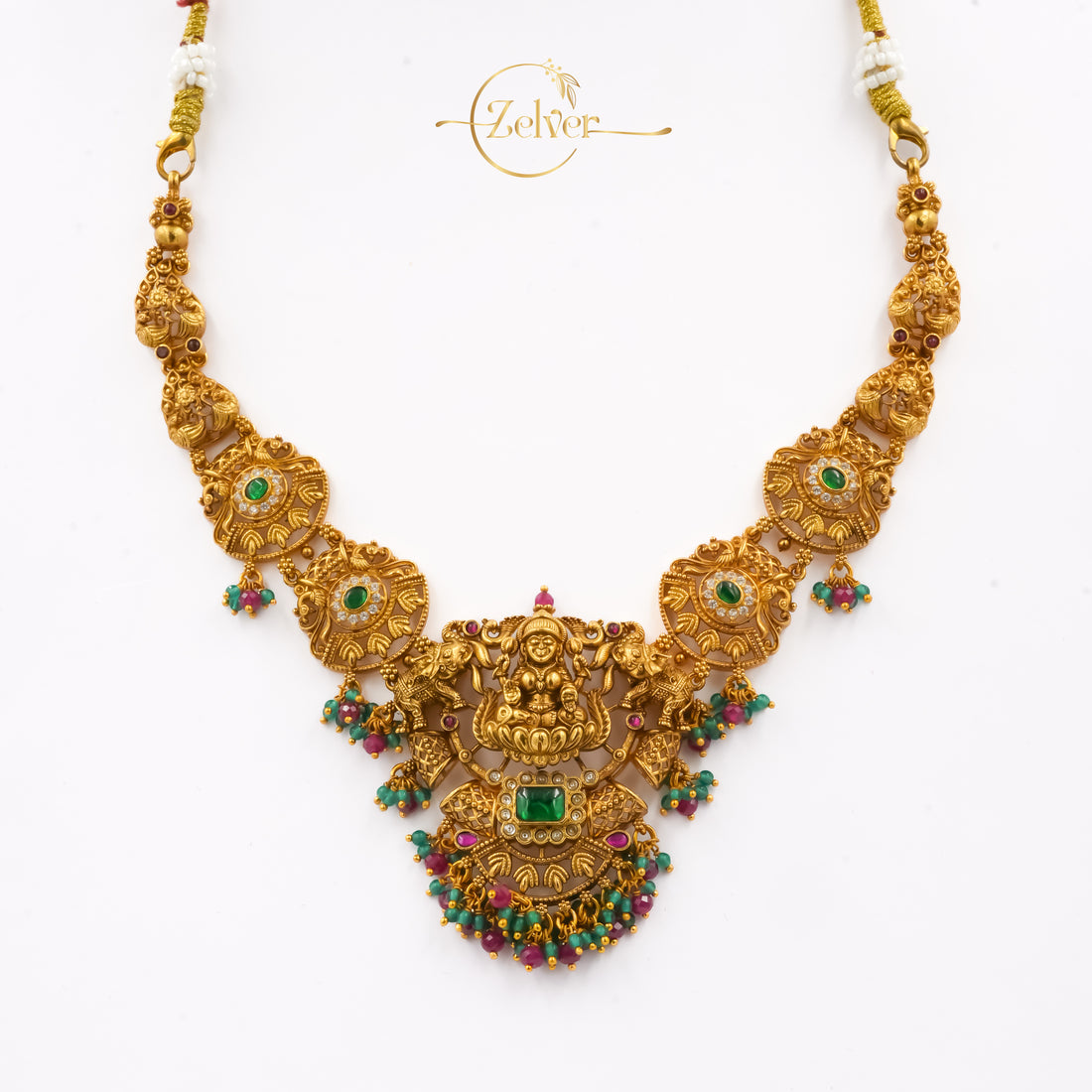 Lakshmi Temple Design Necklace in 925 Sterling Silver with Antique Gold Finish