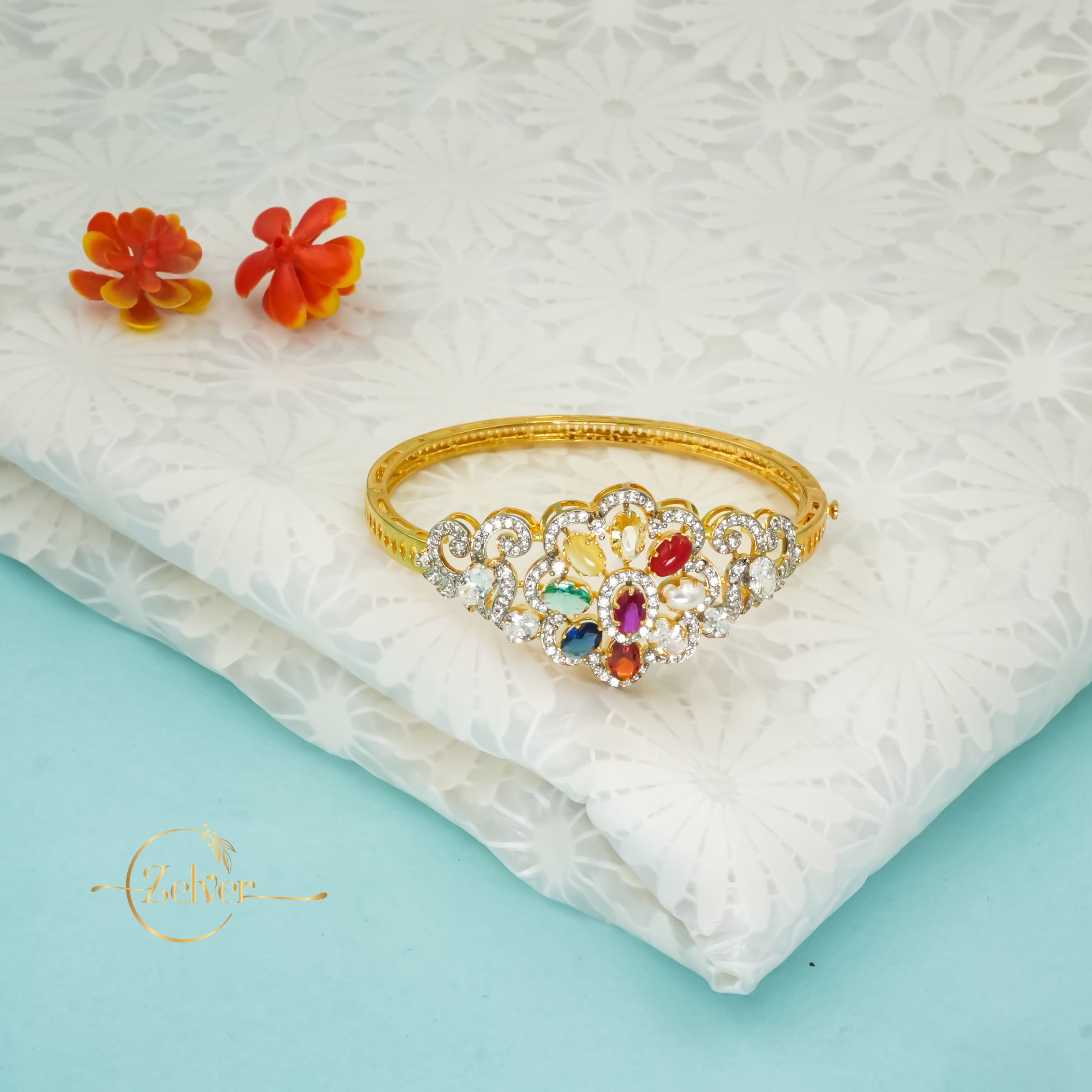 Multicolor Temple Design Pearl Bangle in 925 Sterling Silver with Gold Finish