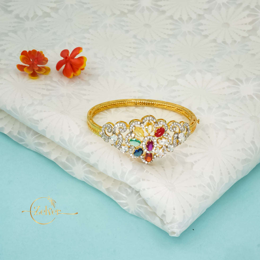 Multicolor Temple Design Pearl Bangle in 925 Sterling Silver with Gold Finish