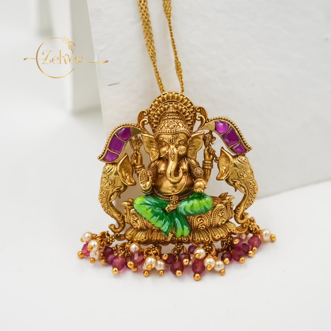 The Royal Gajanan: Lord Ganesha with Elephants Pendant | Gold Plated Silver
