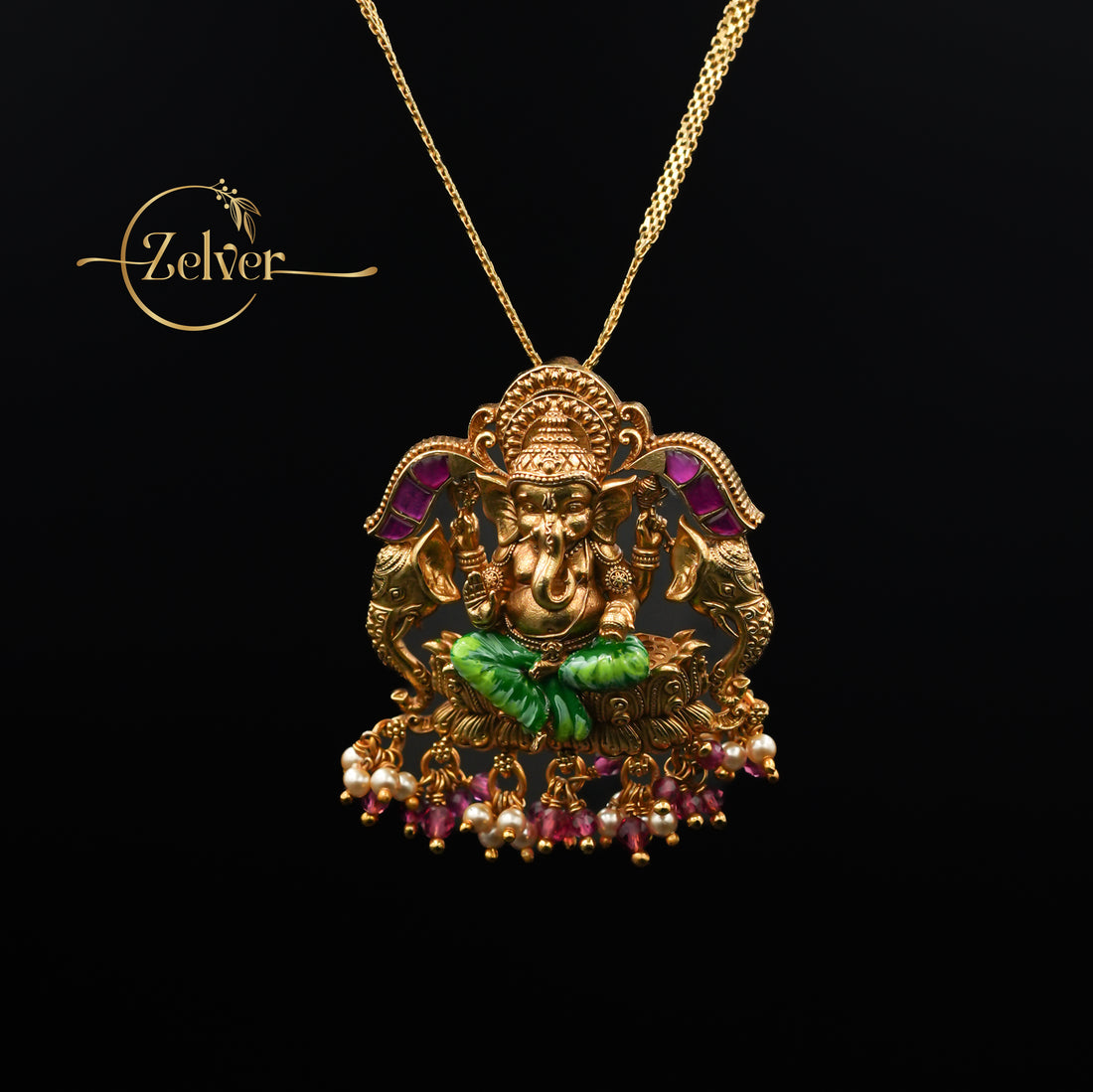 The Royal Gajanan: Lord Ganesha with Elephants Pendant | Gold Plated Silver
