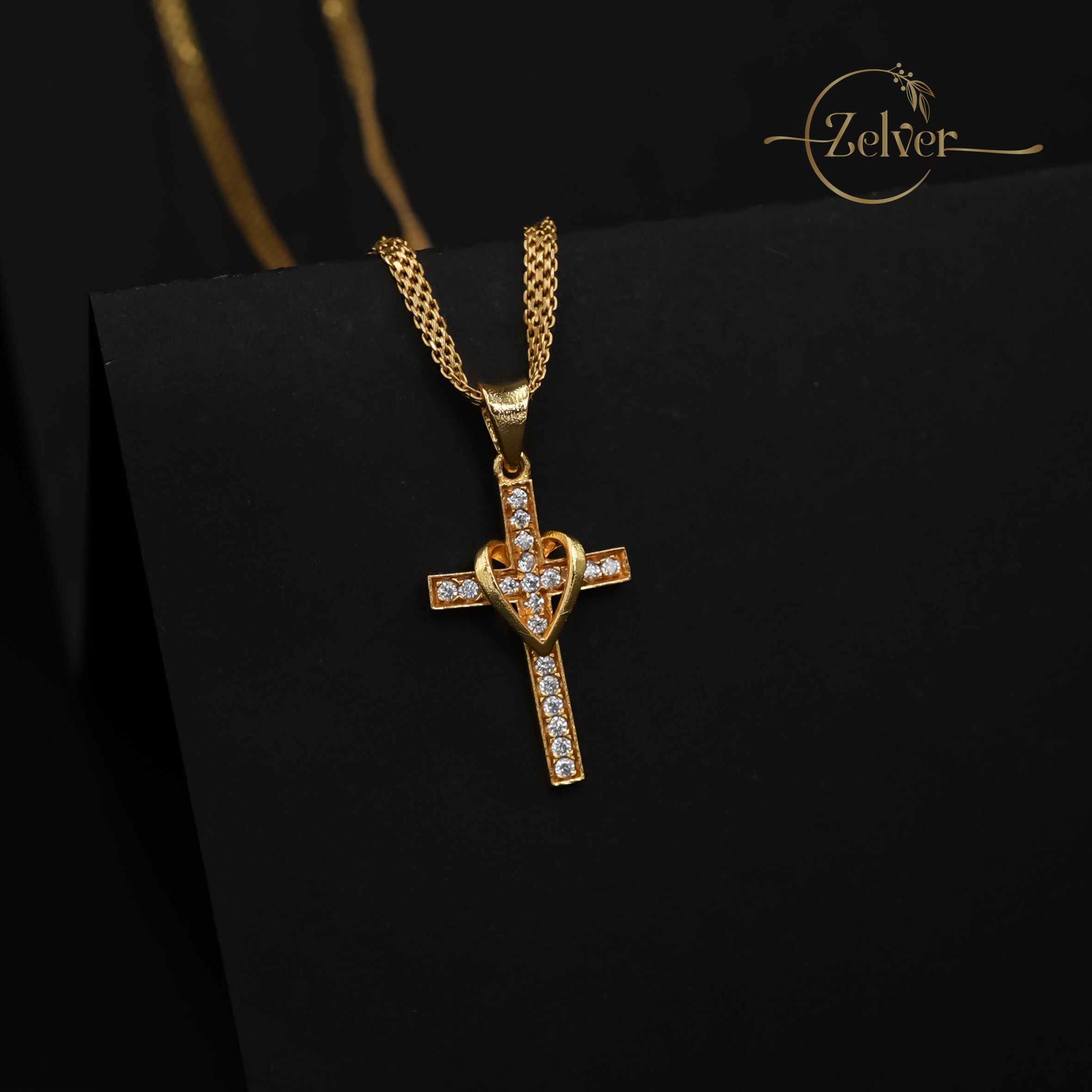 Sparkling Crystal Cross Pendant with Heart Detail - 925 Sterling Silver