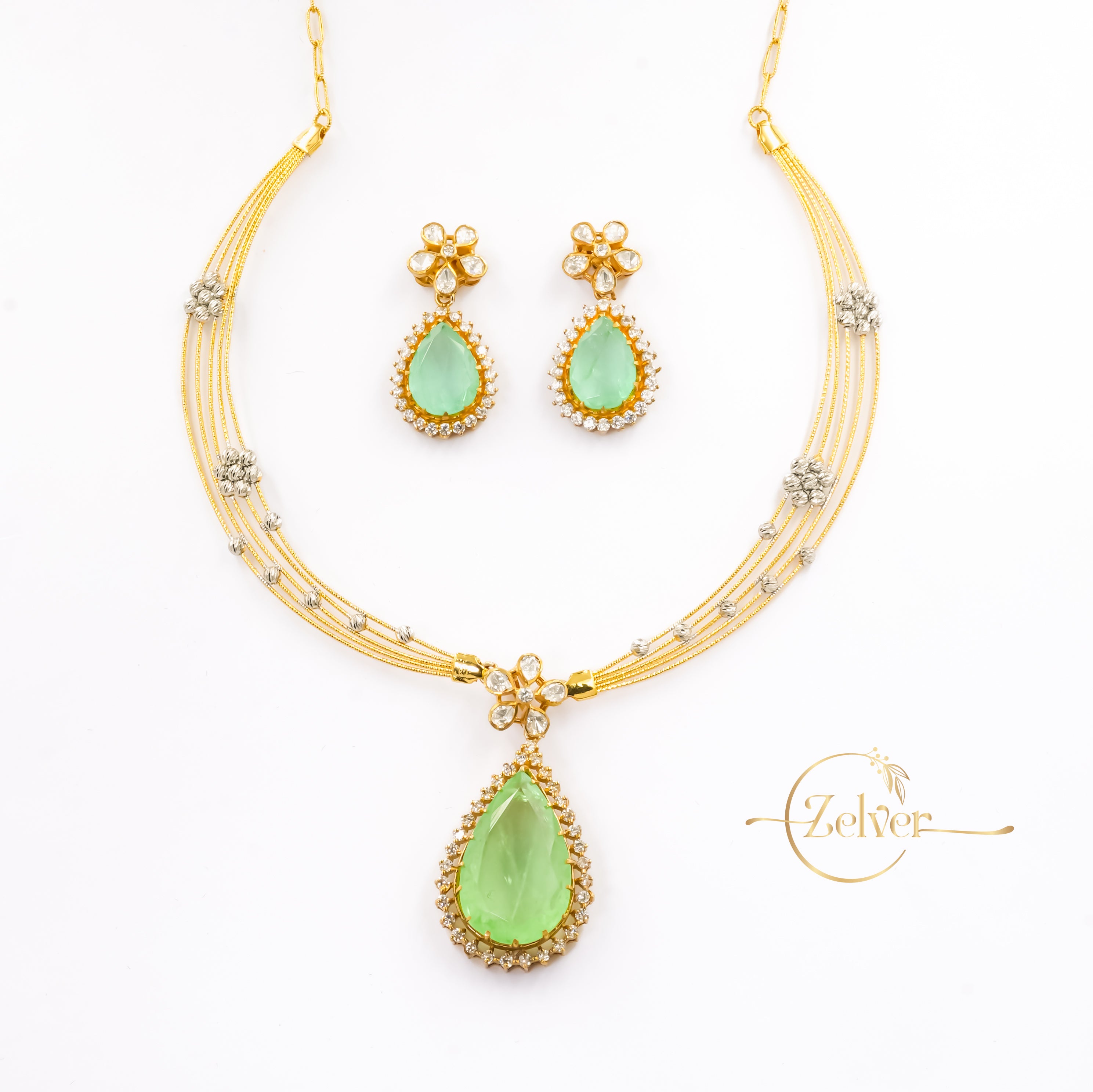 Emerald Green Stone Studded Hasli Necklace Set in 925 Sterling Silver