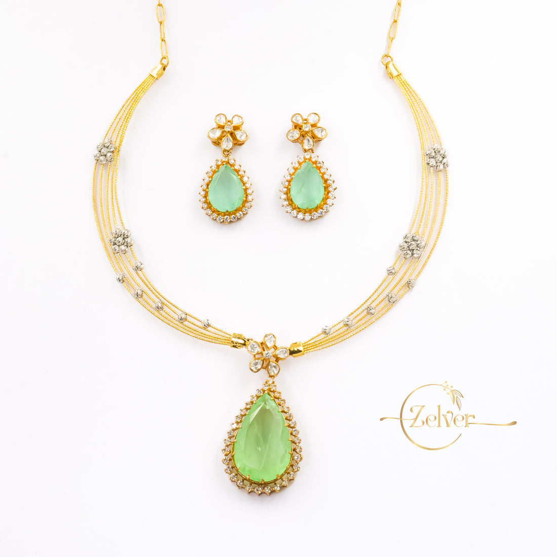 Emerald Green Stone Studded Hasli Necklace Set in 925 Sterling Silver
