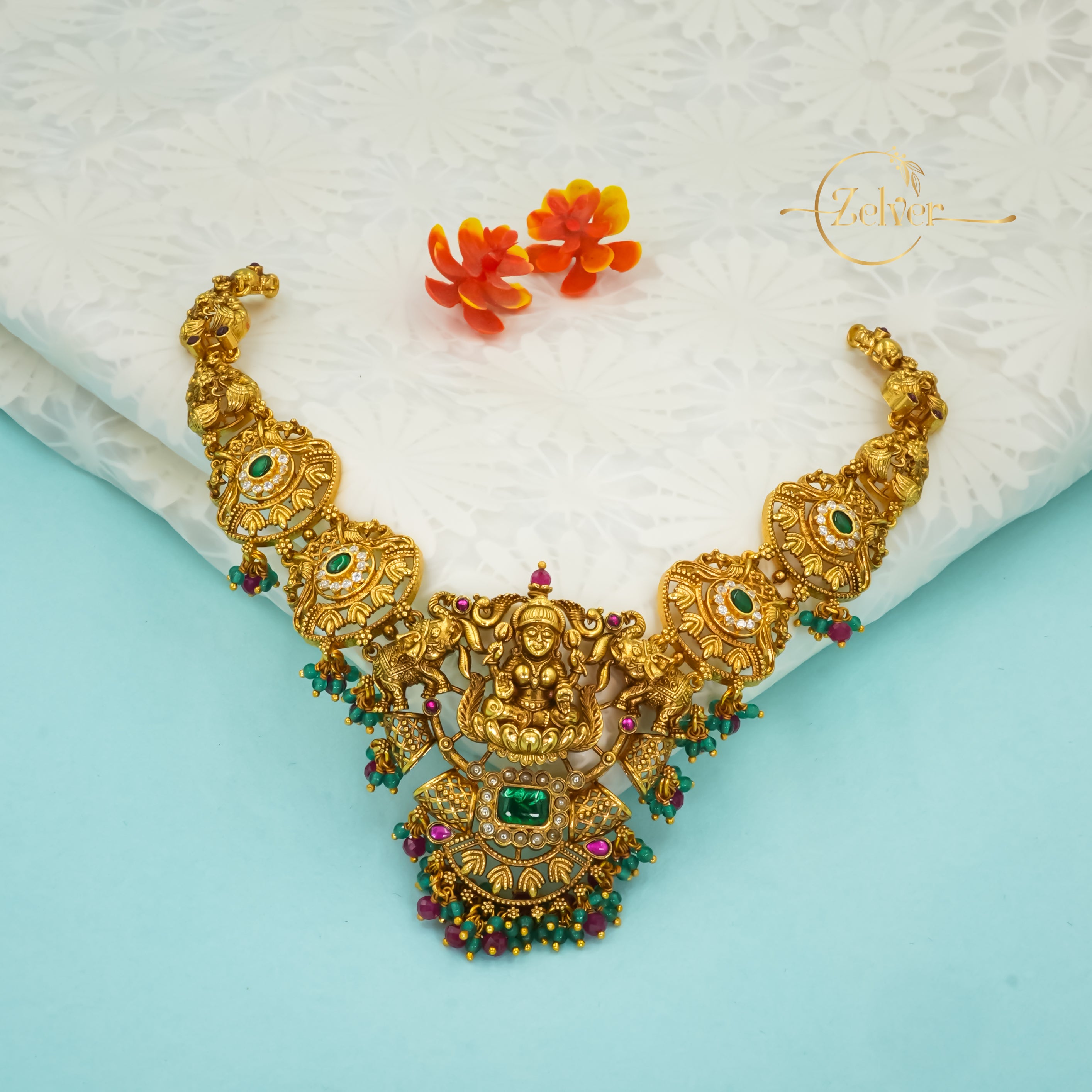 Lakshmi Temple Design Necklace in 925 Sterling Silver with Antique Gold Finish