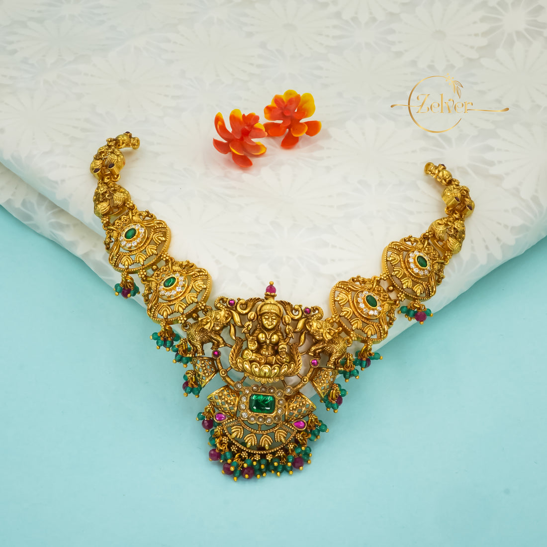 Lakshmi Temple Design Necklace in 925 Sterling Silver with Antique Gold Finish