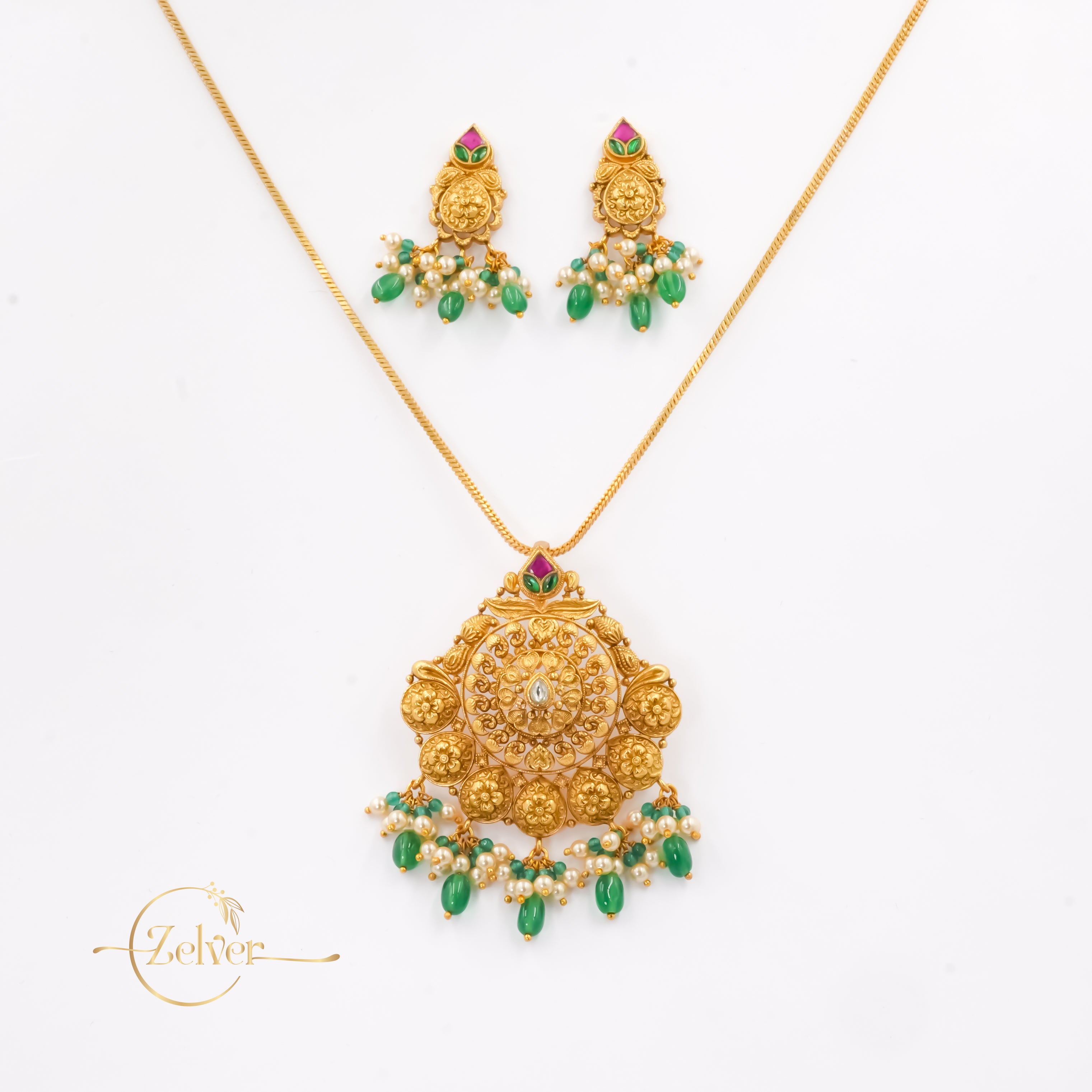 Mandala Temple Design Necklace Set in 925 Sterling Silver with Antique Gold Finish