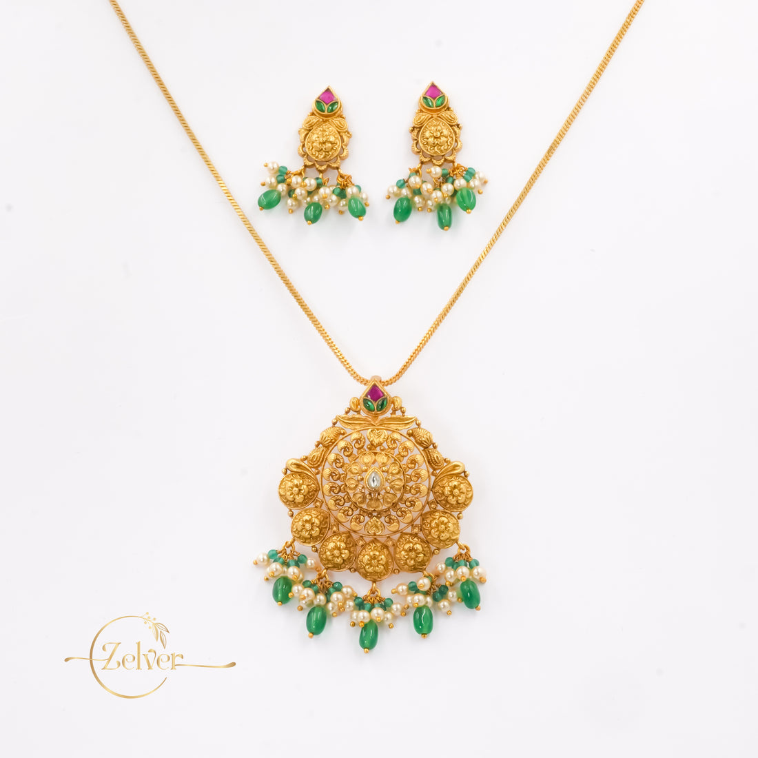 Mandala Temple Design Necklace Set in 925 Sterling Silver with Antique Gold Finish