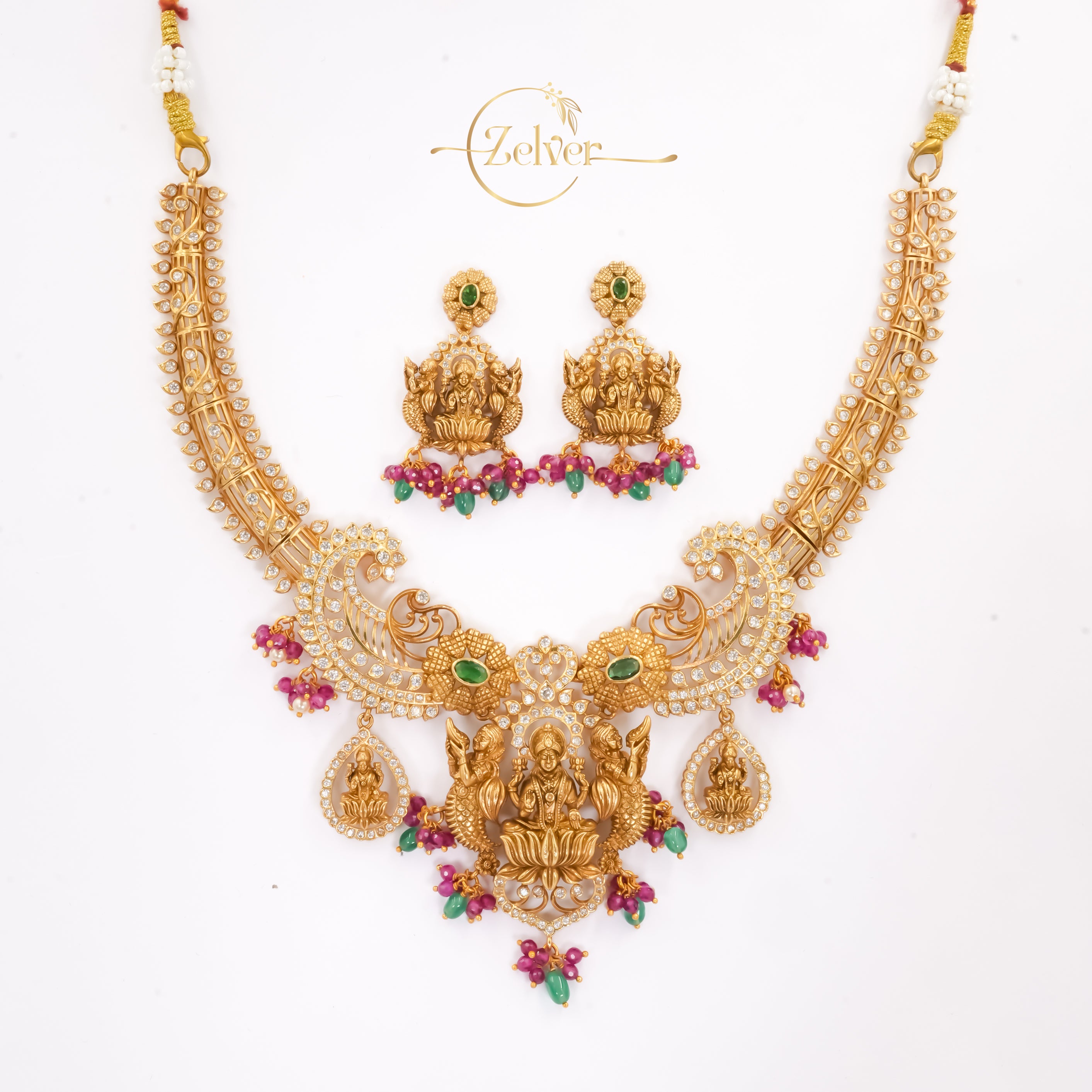 Divine Motif Temple Necklace Set in 925 Sterling Silver with Antique Gold Finish