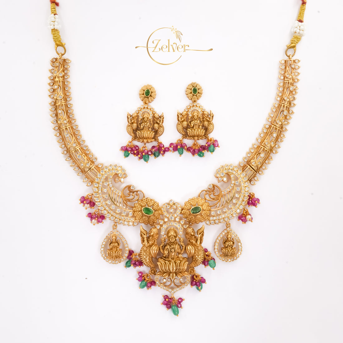 Divine Motif Temple Necklace Set in 925 Sterling Silver with Antique Gold Finish