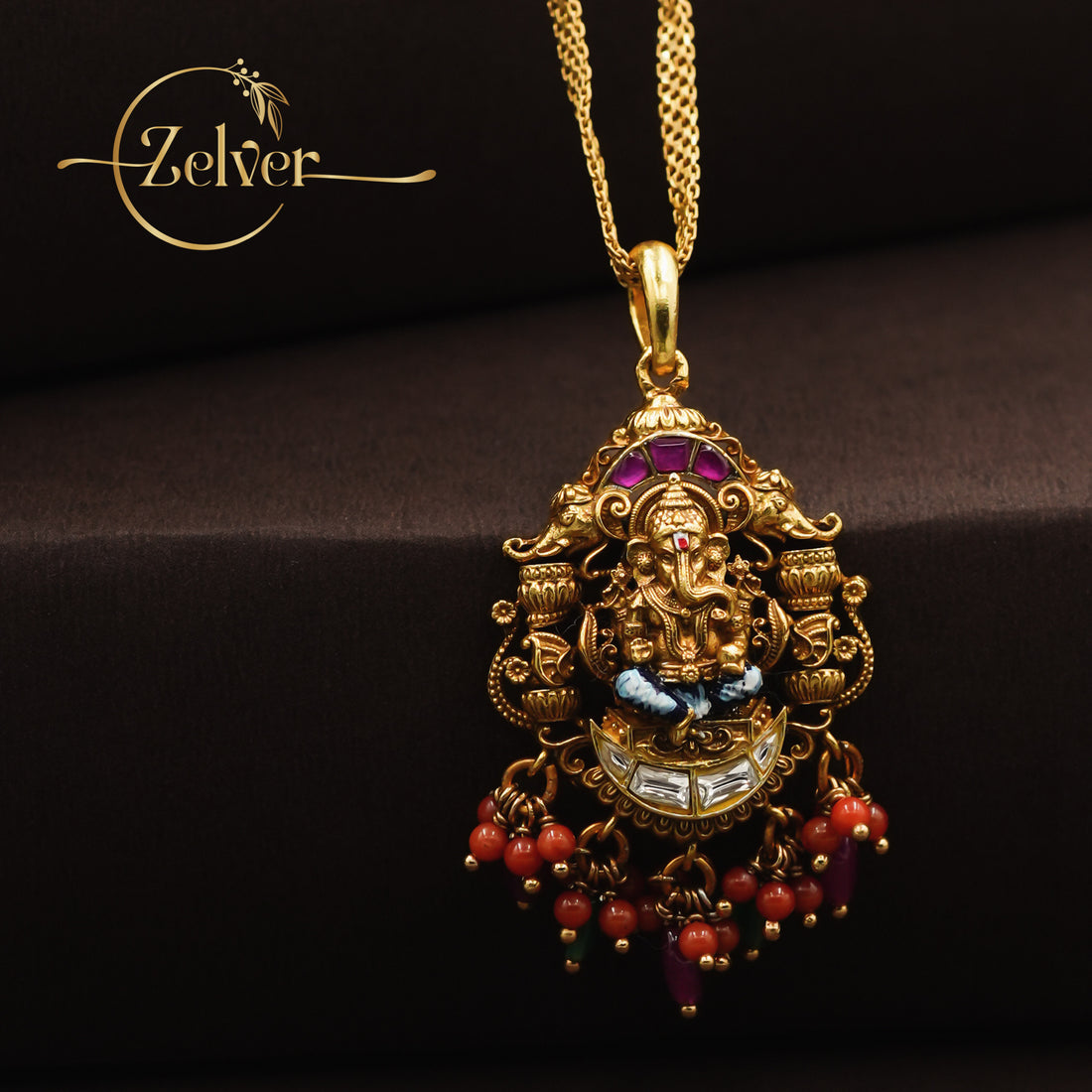 The Vinayaka Chandrakor: Lord Ganesha Pendant with Swarovski Crescent | Gold Plated Silver