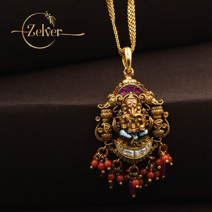 The Vinayaka Chandrakor: Lord Ganesha Pendant with Swarovski Crescent | Gold Plated Silver